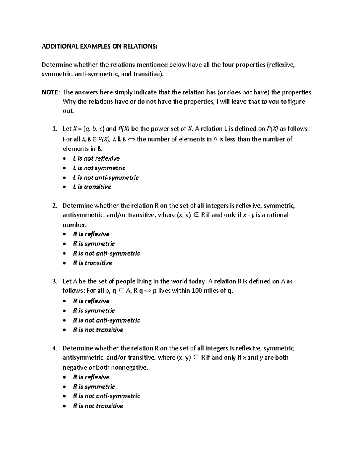 Additional Examples ON Relations - ADDITIONAL EXAMPLES ON RELATIONS ...