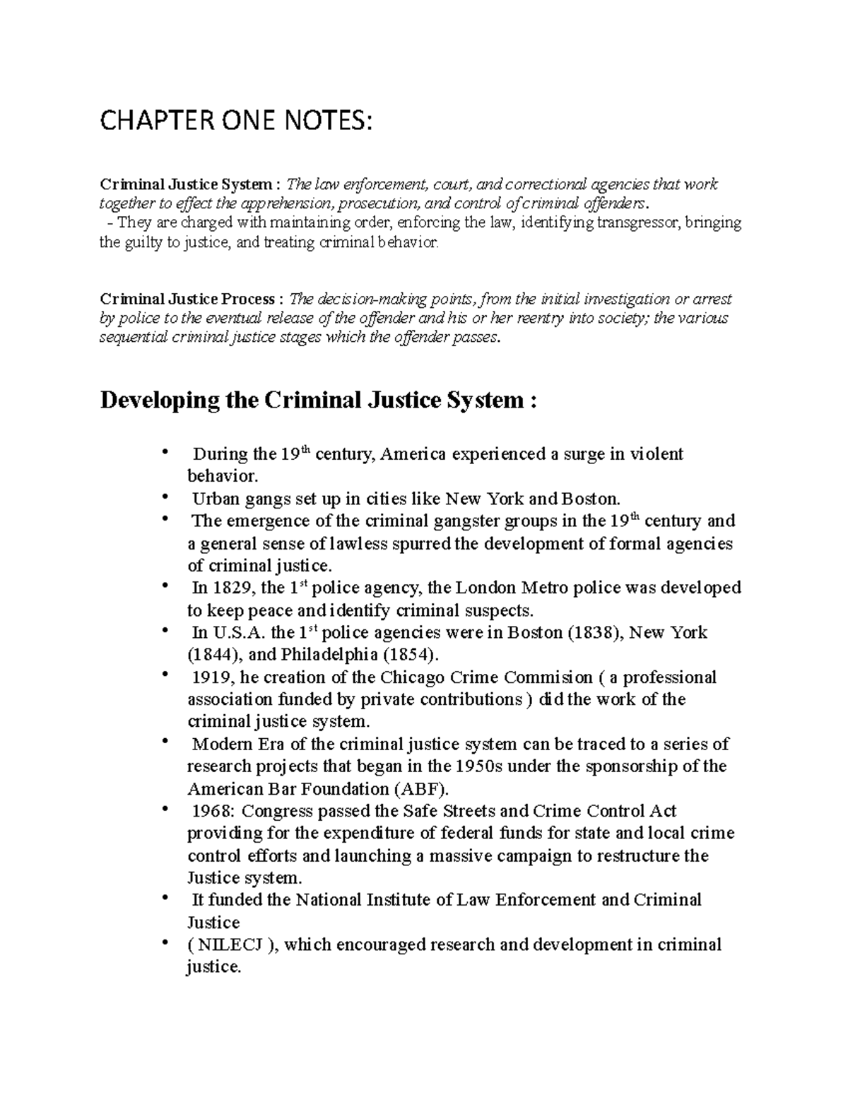 CRJ100 CH1 2 3 4 - Lecture notes 1-4 - CHAPTER ONE NOTES: Criminal ...