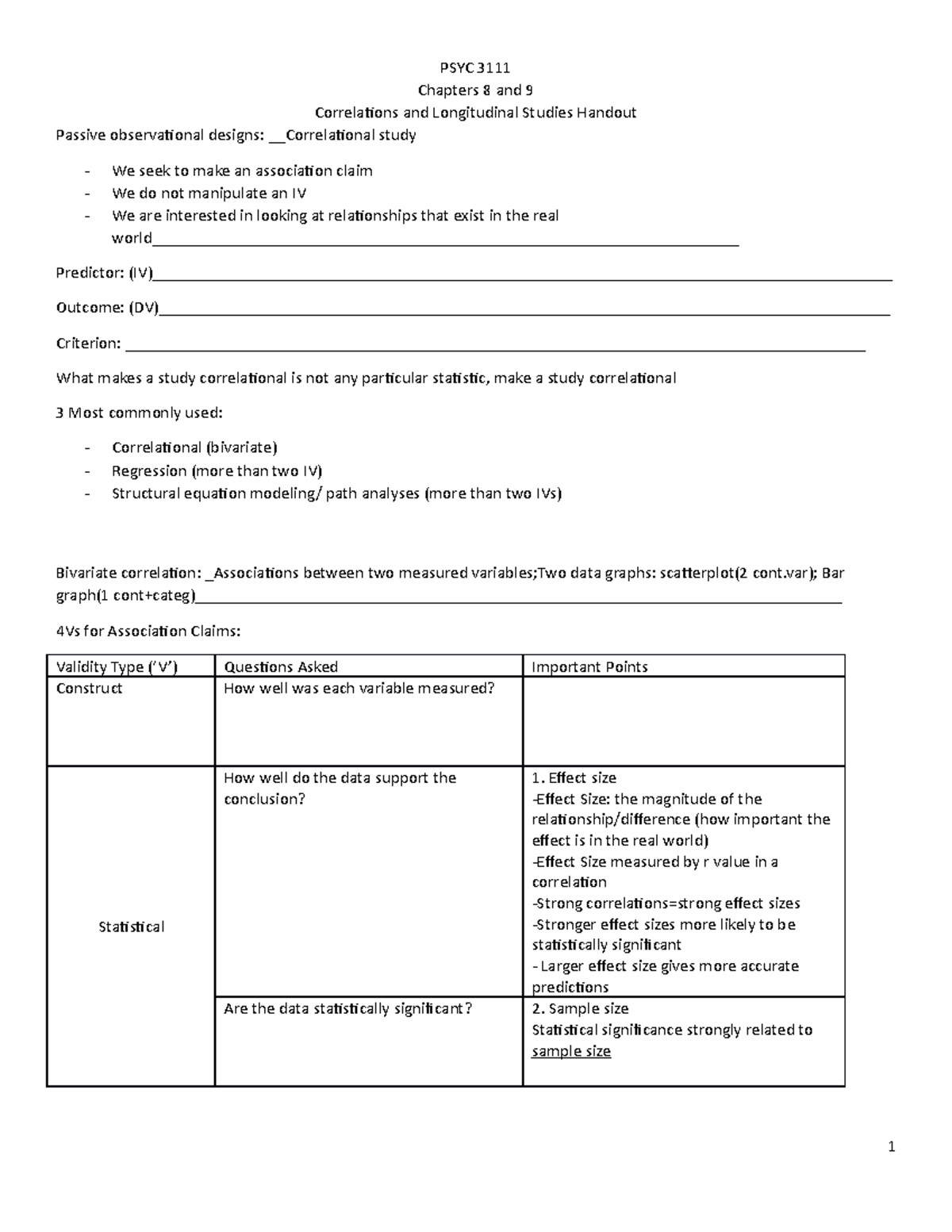 PSYC 3111 Chapters 8 and 9 Handout - PSYC 3111 Chapters 8 and 9 ...