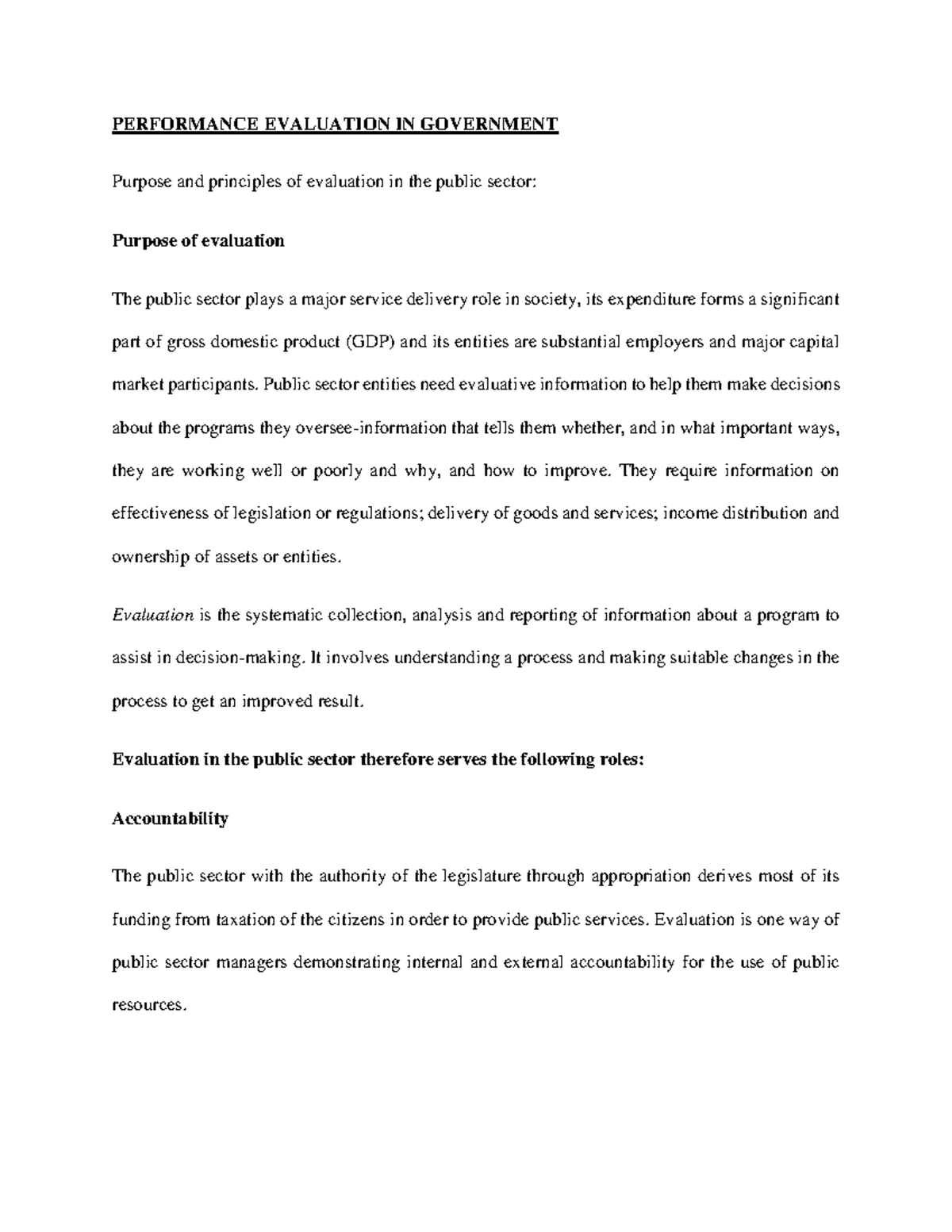 Performance evaluation - PERFORMANCE EVALUATION IN GOVERNMENT Purpose ...