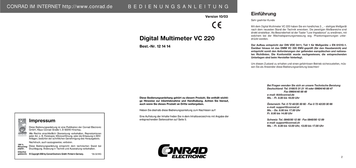 Handbuch Digital Multimeter VC 220 Impressum Diese