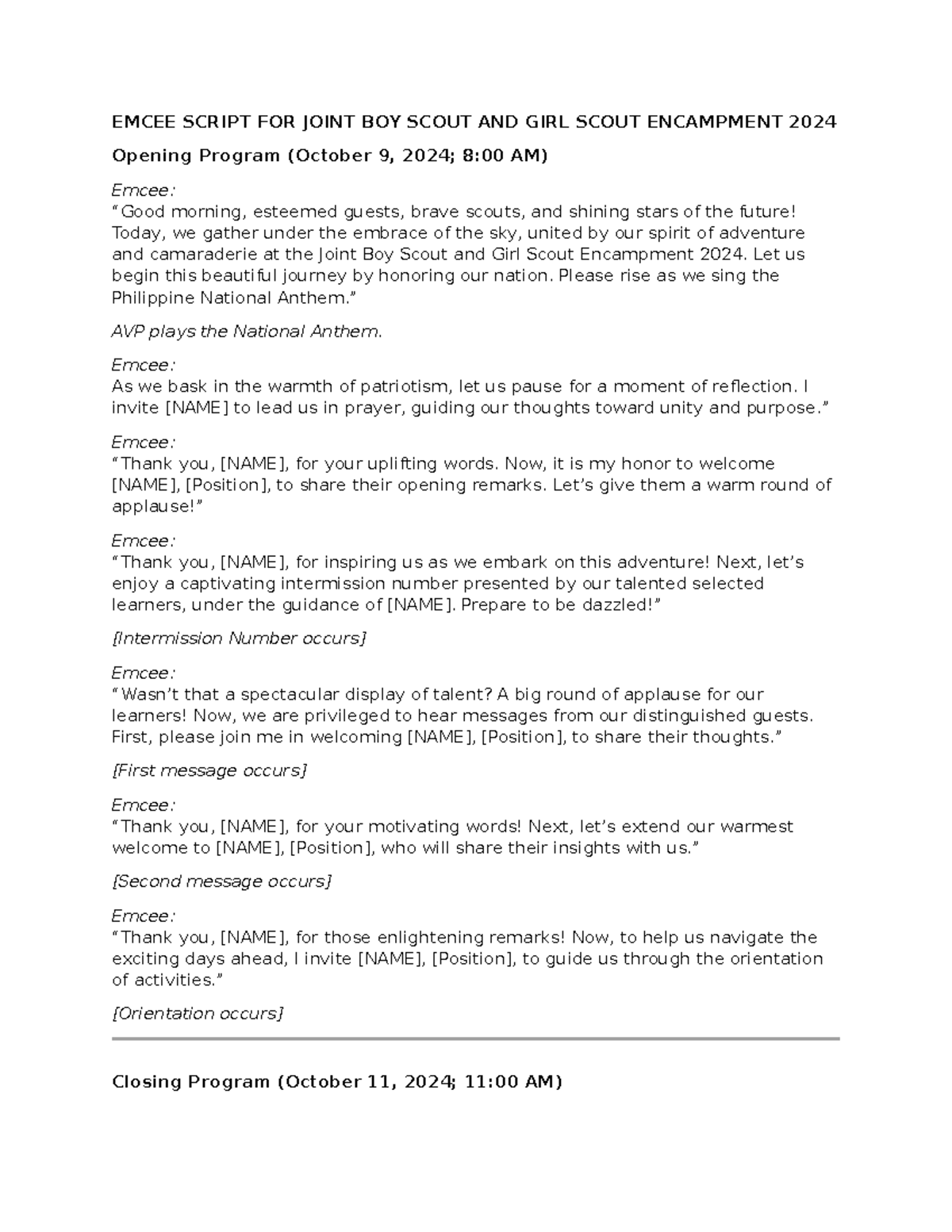 Emcee Script FOR Joint BOY Scout AND GIRL Scout Encampment 2024 - EMCEE ...