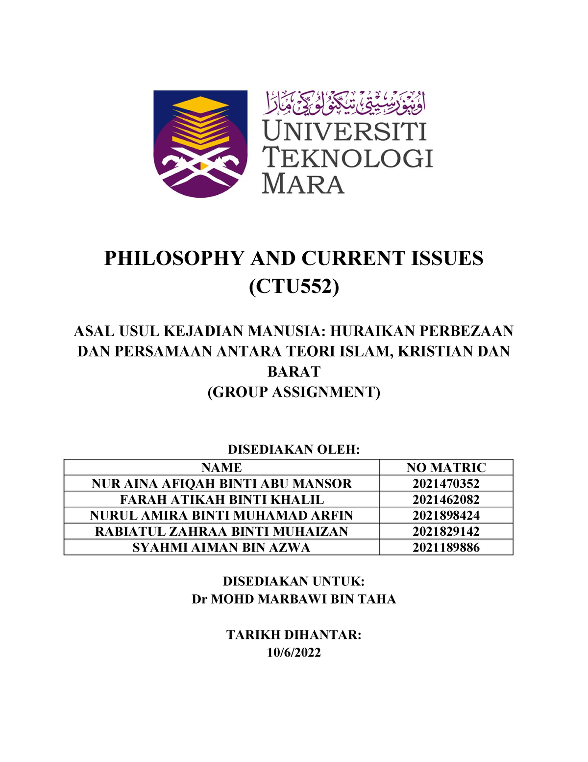 CTU 552 Group Assignment - Falsafah Dan Isu Semasa - Studocu