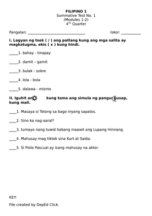 PT Mathematics 2 Q4 - Periodical Test For Grade 1 - FOURTH PERIODICAL ...