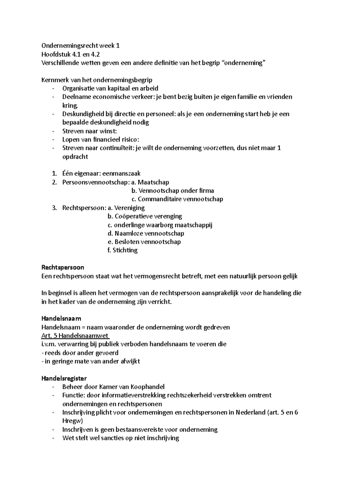 Ondernemingsrecht - samenvatting lessen - Ondernemingsrecht week 1 ...