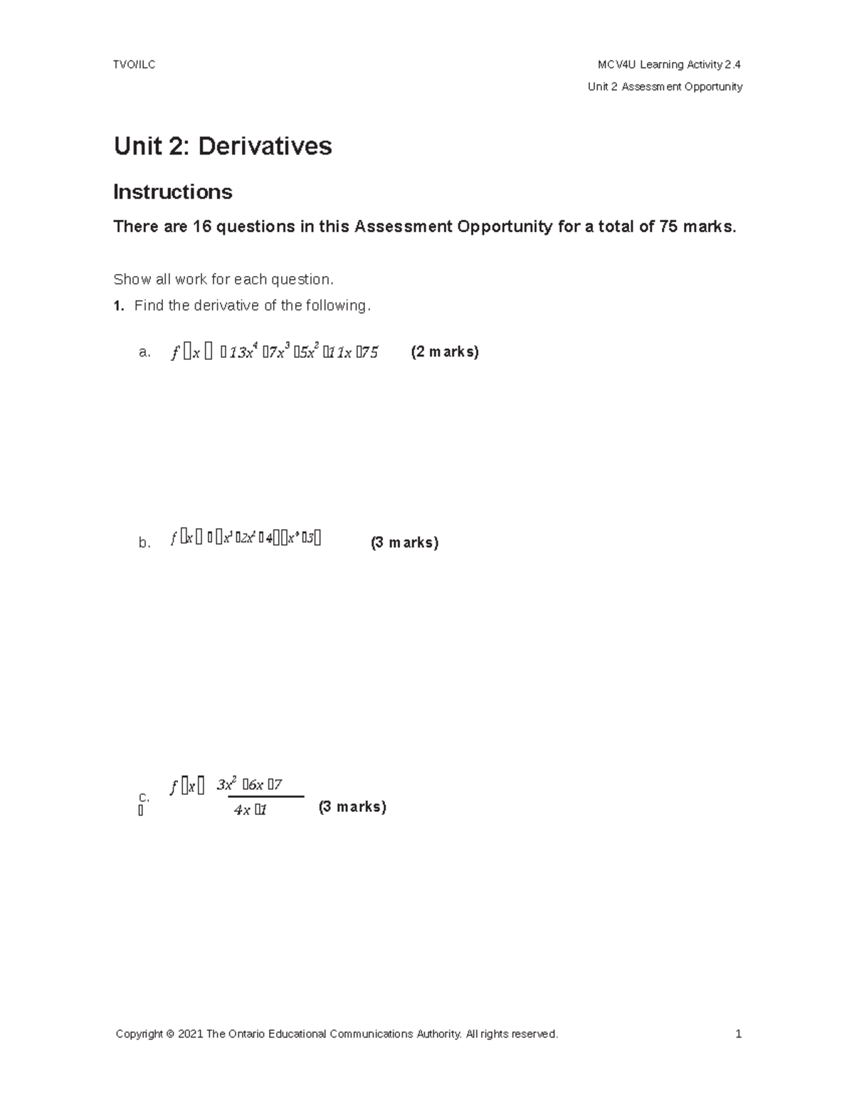 Calculus 2 - Exercises - Unit 2 Assessment Opportunity Copyright © 2021 ...