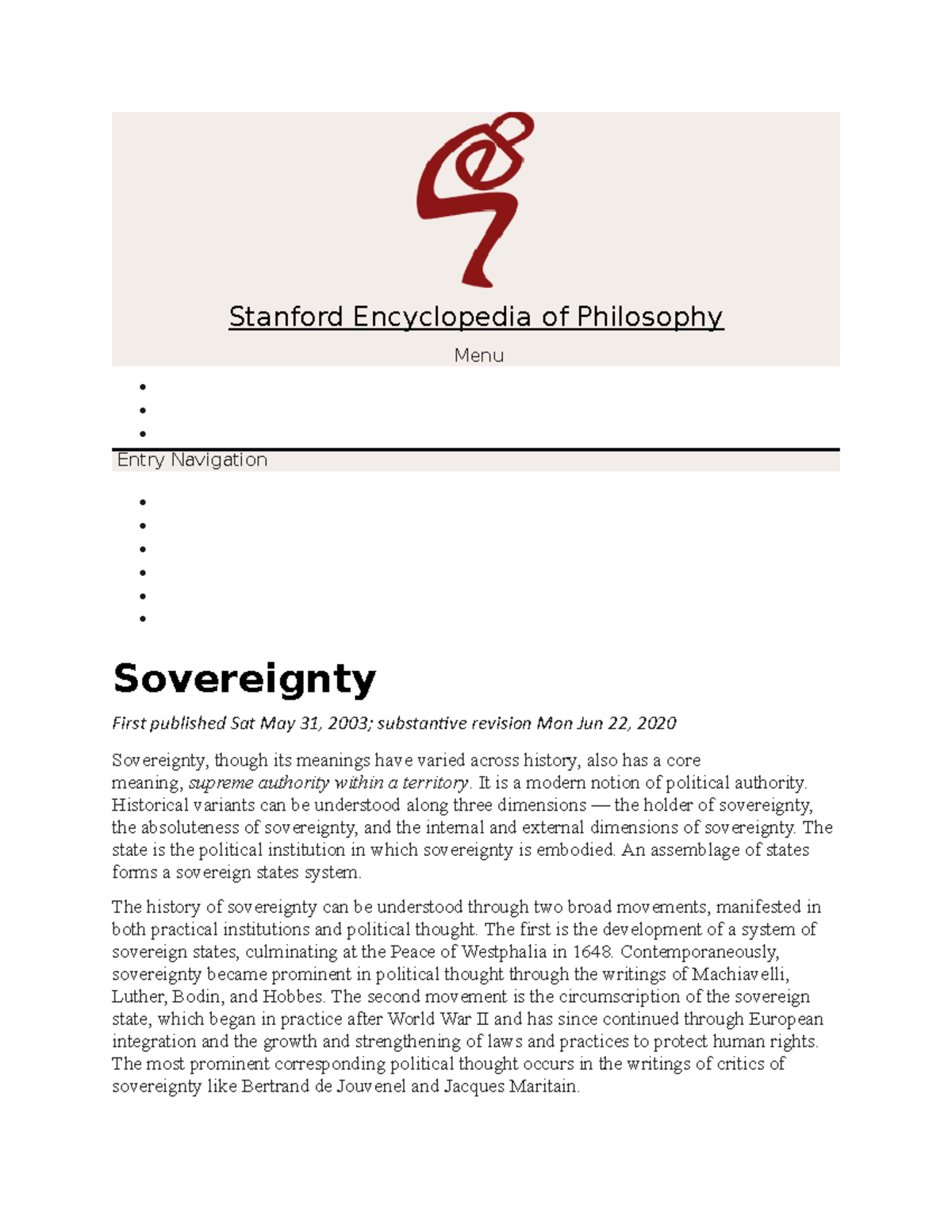 Sovereignty 1 - Overview - Stanford Encyclopedia of Philosophy Menu ...
