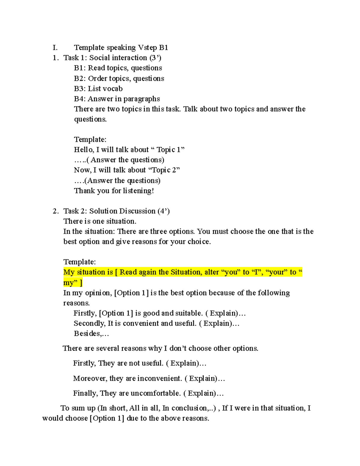 Template Speaking Vstep B1 - I. Template Speaking Vstep B Task 1 ...