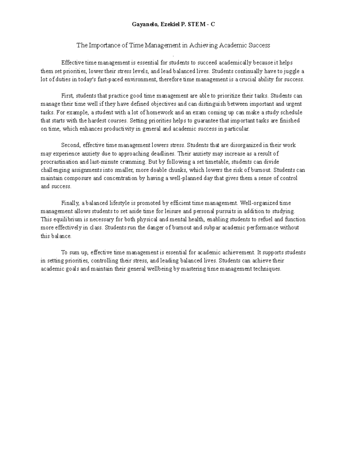 Thesis Statment - Gayanelo, Ezekiel P. STEM - C The Importance of Time ...
