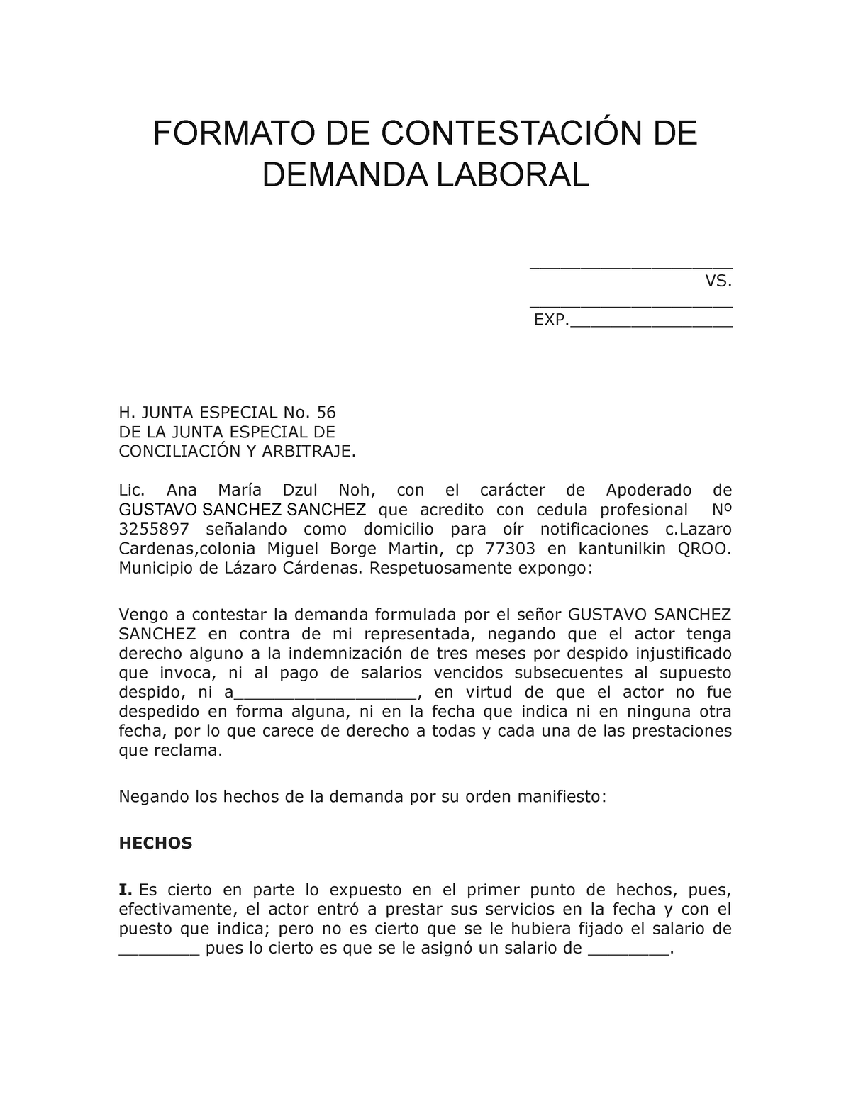 Formato DE Contestación DE Demanda Laboral - FORMATO DE CONTESTACIÓN DE DEMANDA  LABORAL - Studocu