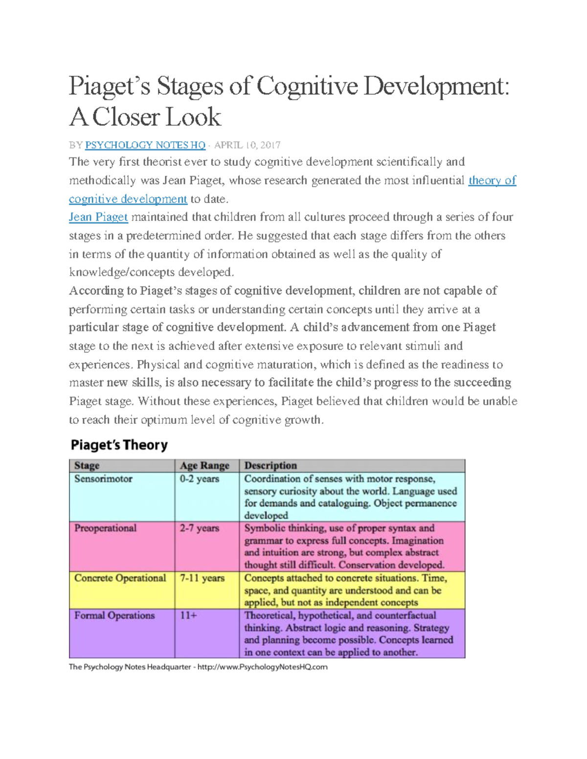 Piaget reading 1 Piaget s Stages of Cognitive Development A