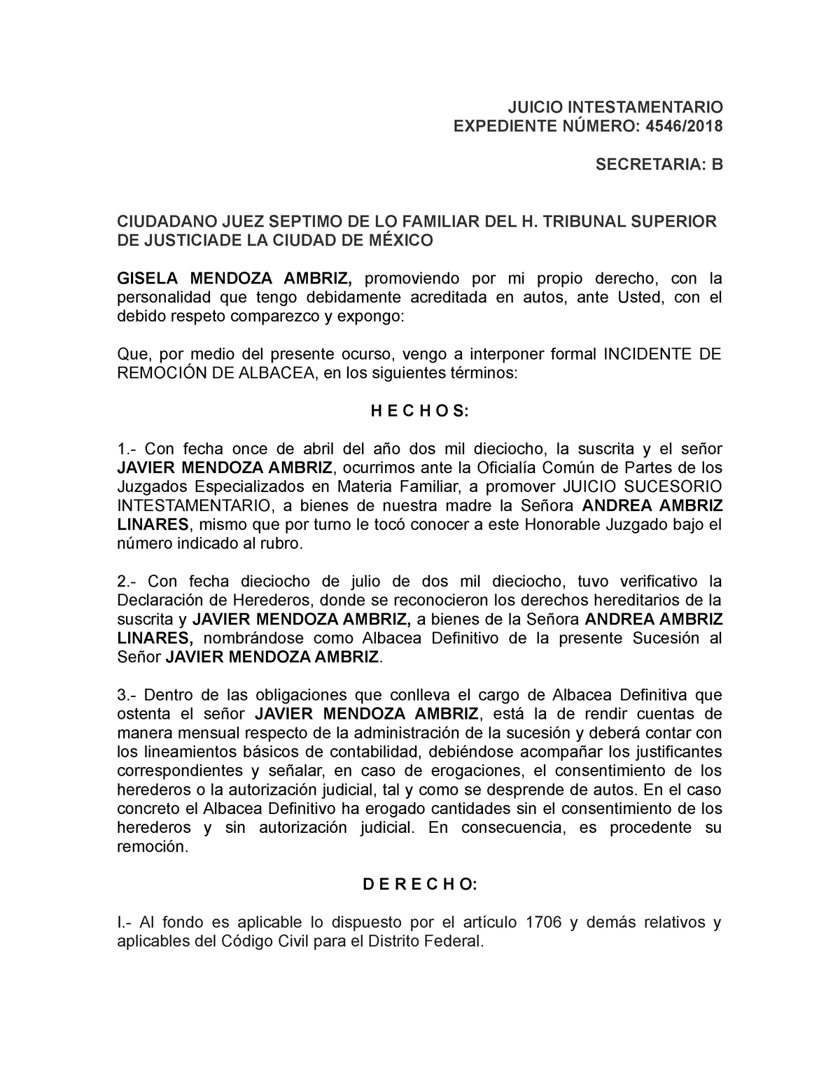 Remoción De Albacea - JUICIO INTESTAMENTARIO EXPEDIENTE NÚMERO: 4546/  SECRETARIA: B CIUDADANO JUEZ - Studocu