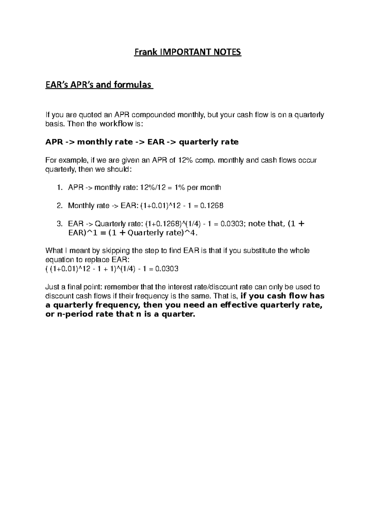 Frank Important Notes - Frank IMPORTANT NOTES EAR’s APR’s and formulas ...