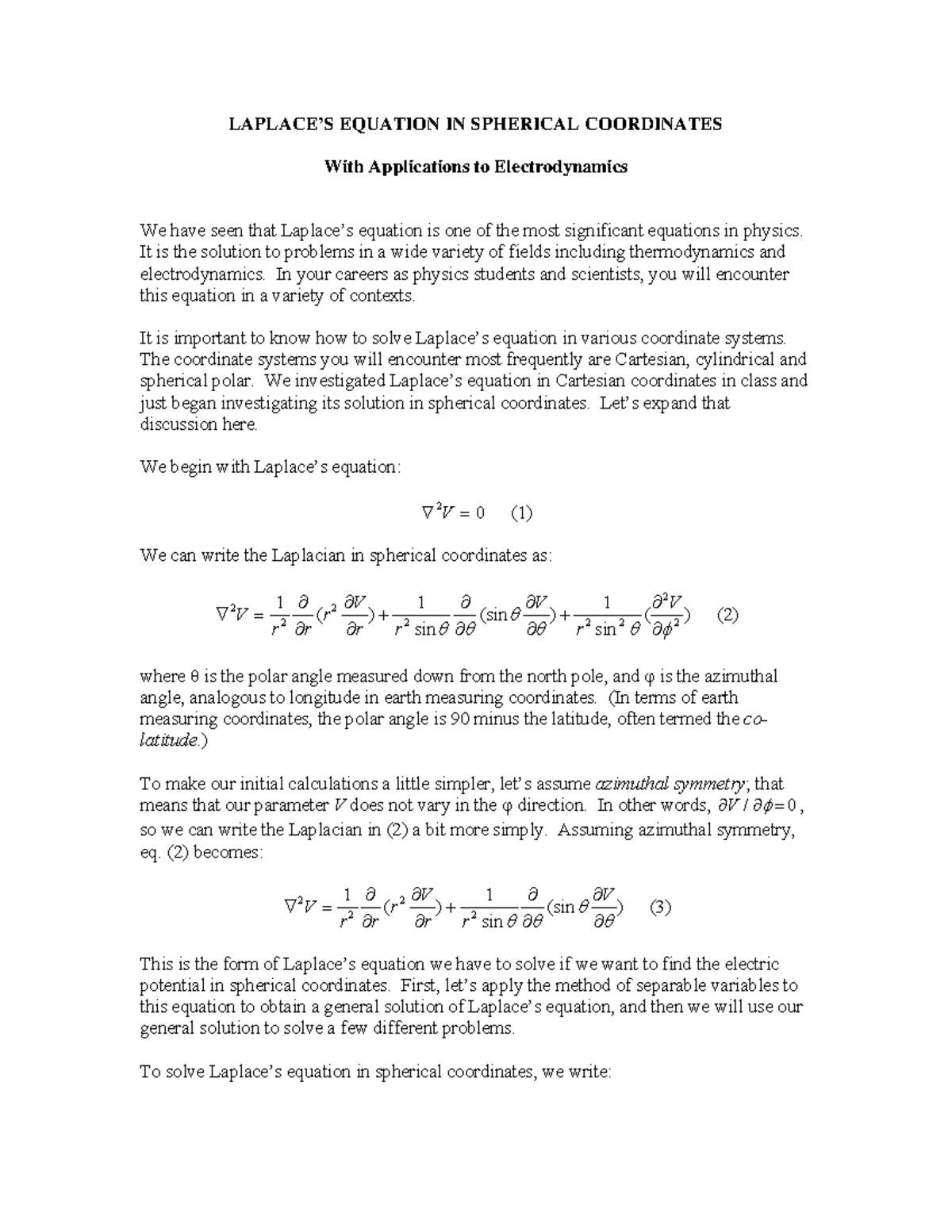 Laplacesequation - LAPLACE’S EQUATION IN SPHERICAL COORDINATES With ...