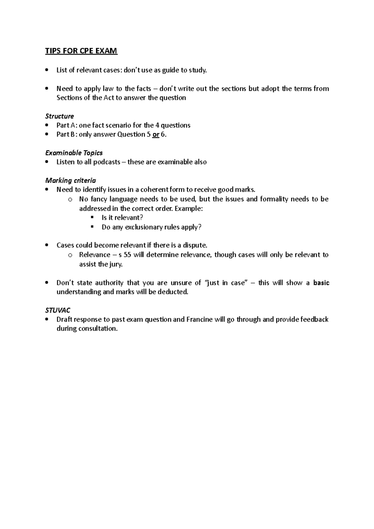 TIPS FOR CPE EXAM TIPS FOR CPE EXAM List Of Relevant Cases Don t Use