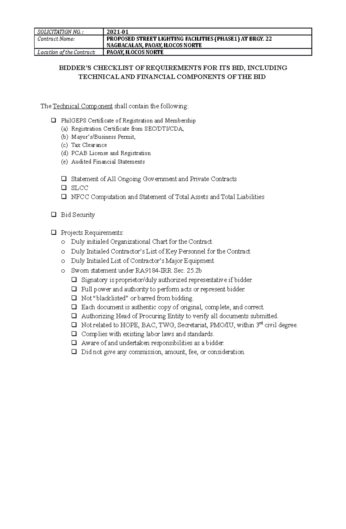 Bidders Checklist - asqwerg - SOLICITATION NO. : 2021- Contract Name ...