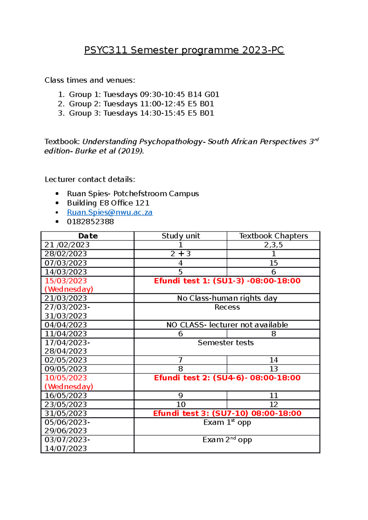 PSYC311 Semester Programme 2023 Potchefstroom - PSYC311 Semester ...