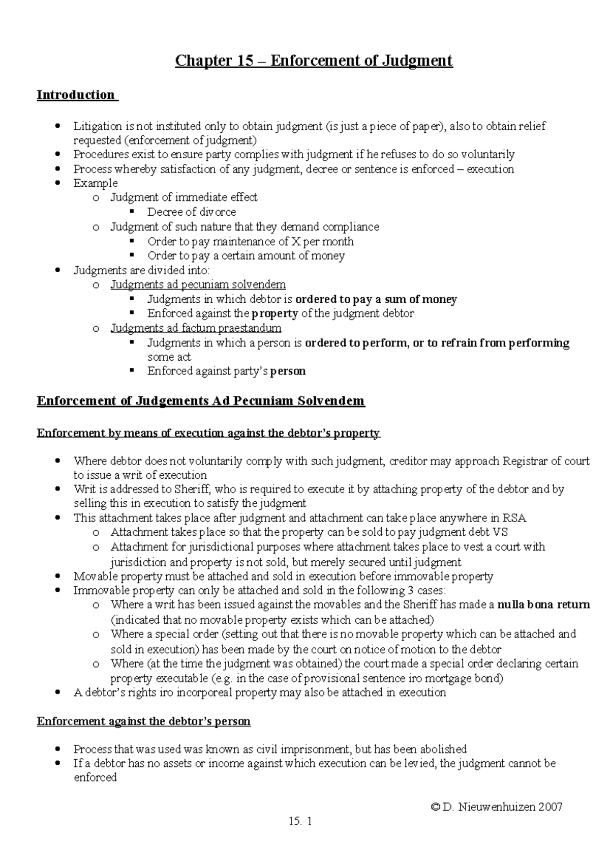 Chapter 15 Enforcement of Judgment Chapter 15 Enforcement of