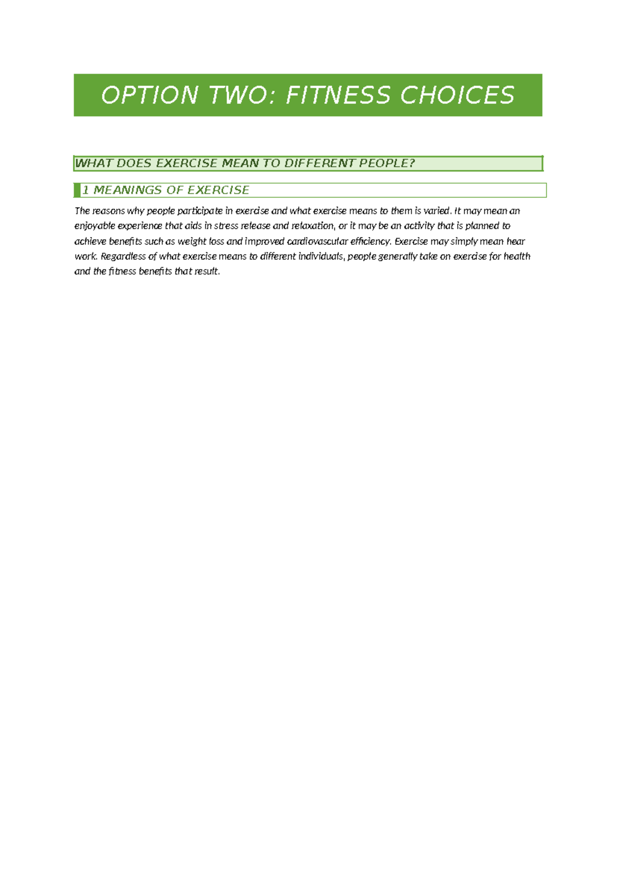 Fitness Choices Notes - OPTION TWO: FITNESS CHOICES WHAT DOES EXERCISE ...