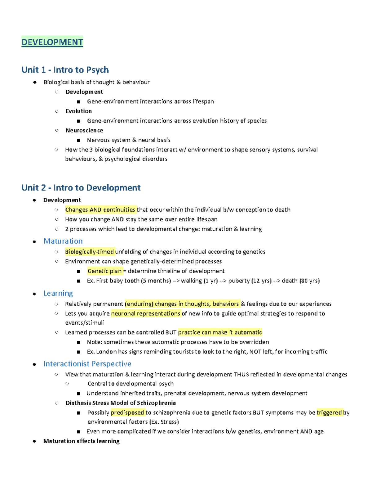 Psych Final Notes-1 - DEVELOPMENT Unit 1 - Intro To Psych Biological ...