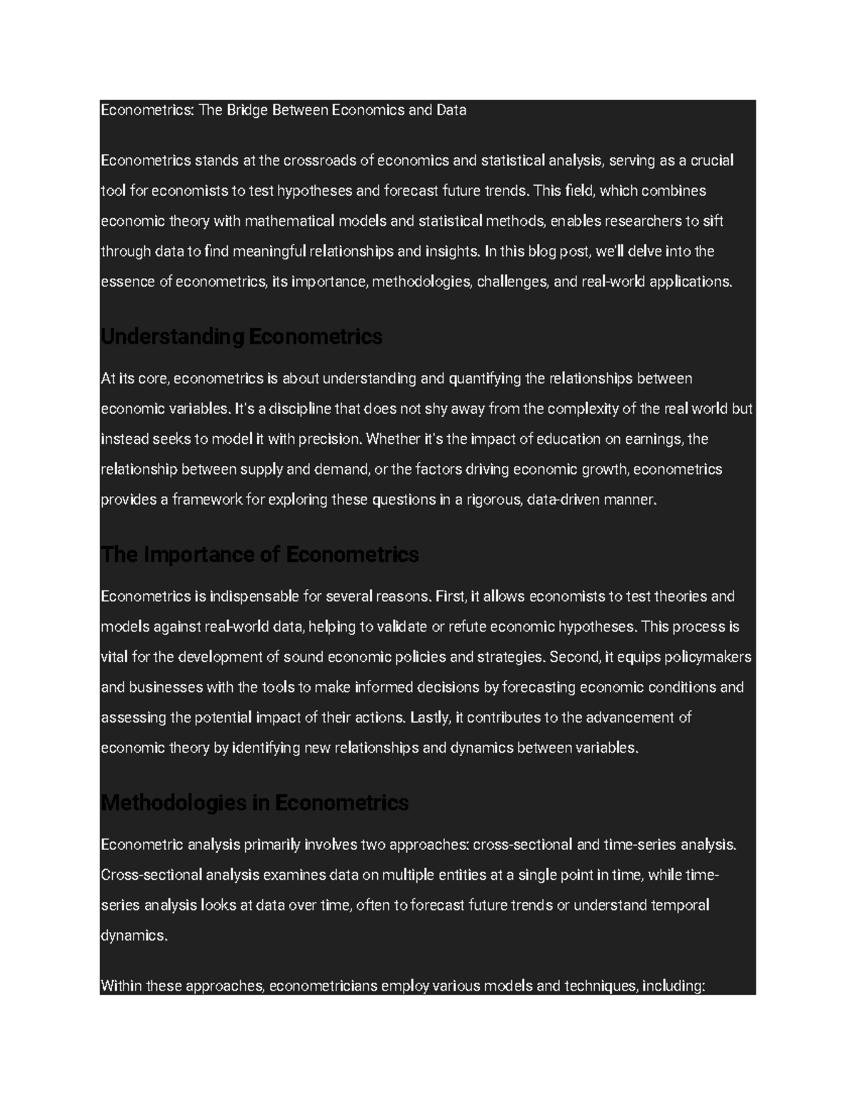 Econometrics Brief - Econometrics: The Bridge Between Economics and ...