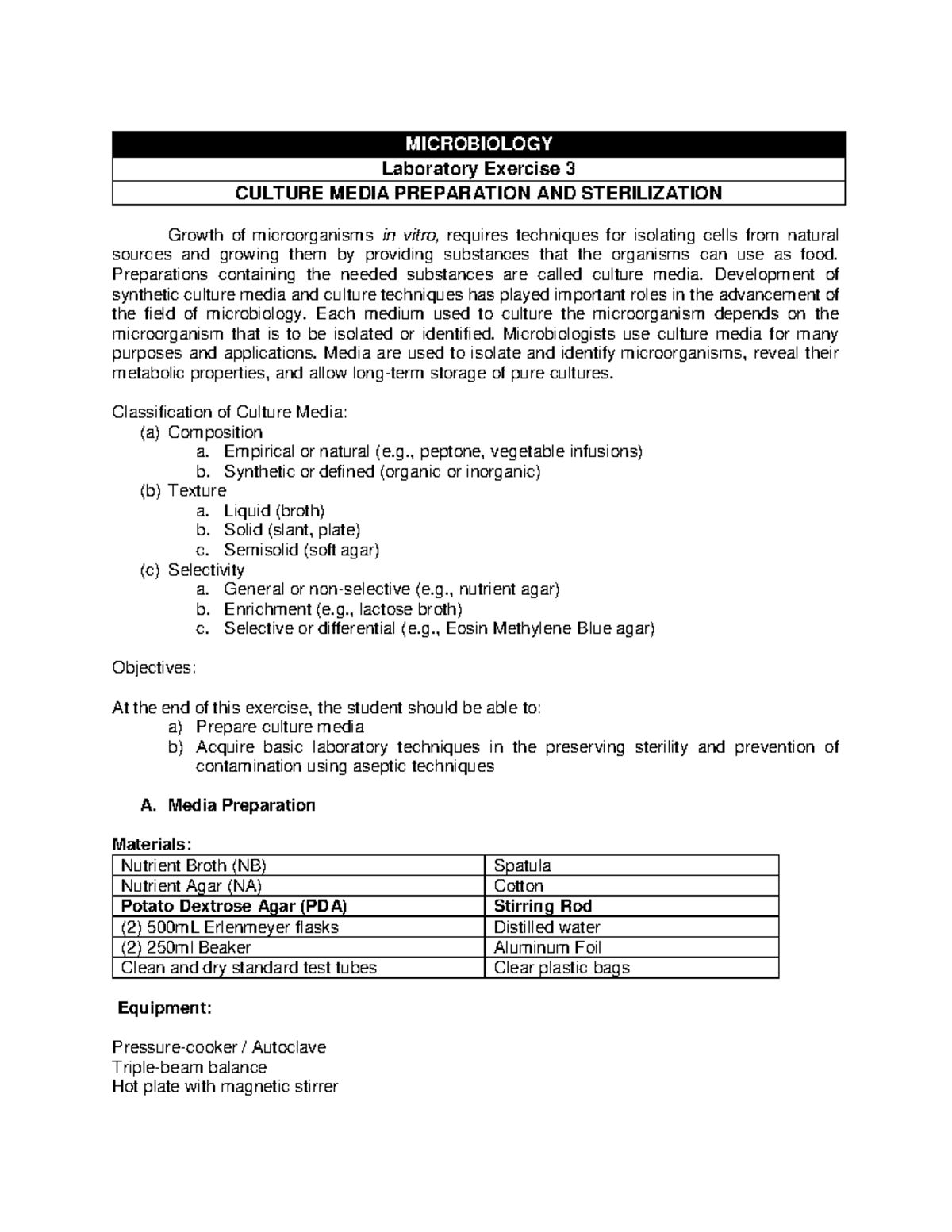 Activity 3 Culture Media Preparation And Sterilization - MICROBIOLOGY ...