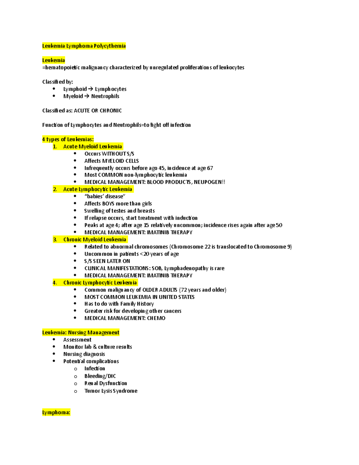 Leukemia lymphoma polycythemia Study Guide - Leukemia Lymphoma ...