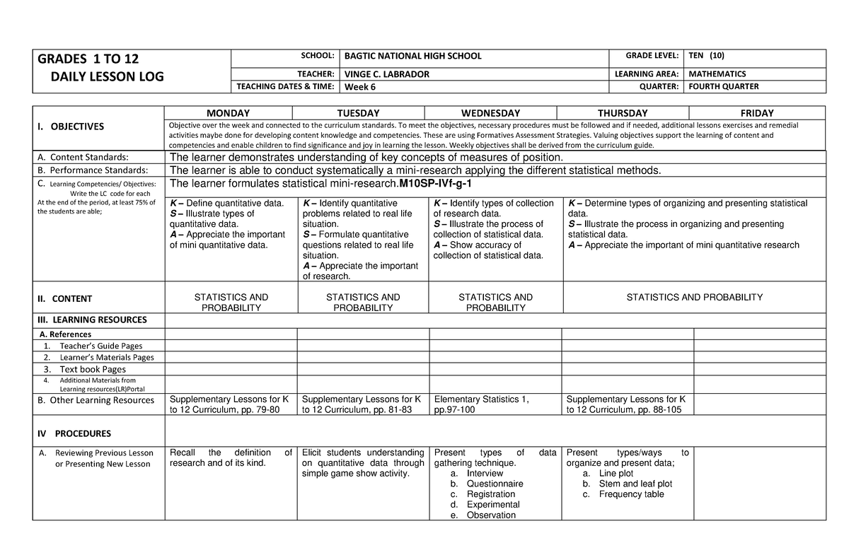 Scribd - A Doc - GRADES 1 TO 12 DAILY LESSON LOG SCHOOL: BAGTIC ...