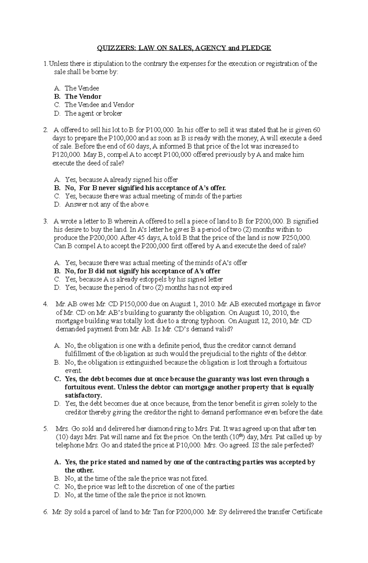 Mercanlo Quizzers - MCQs On Law On Sales, Agency, And Pledge - QUIZZERS ...