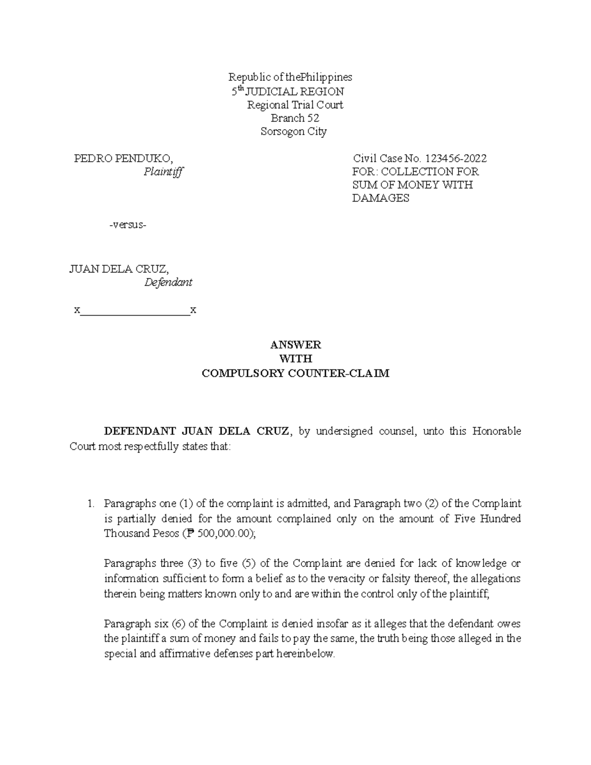 Answer to complaint assignment - Valbuena final - Republic of ...
