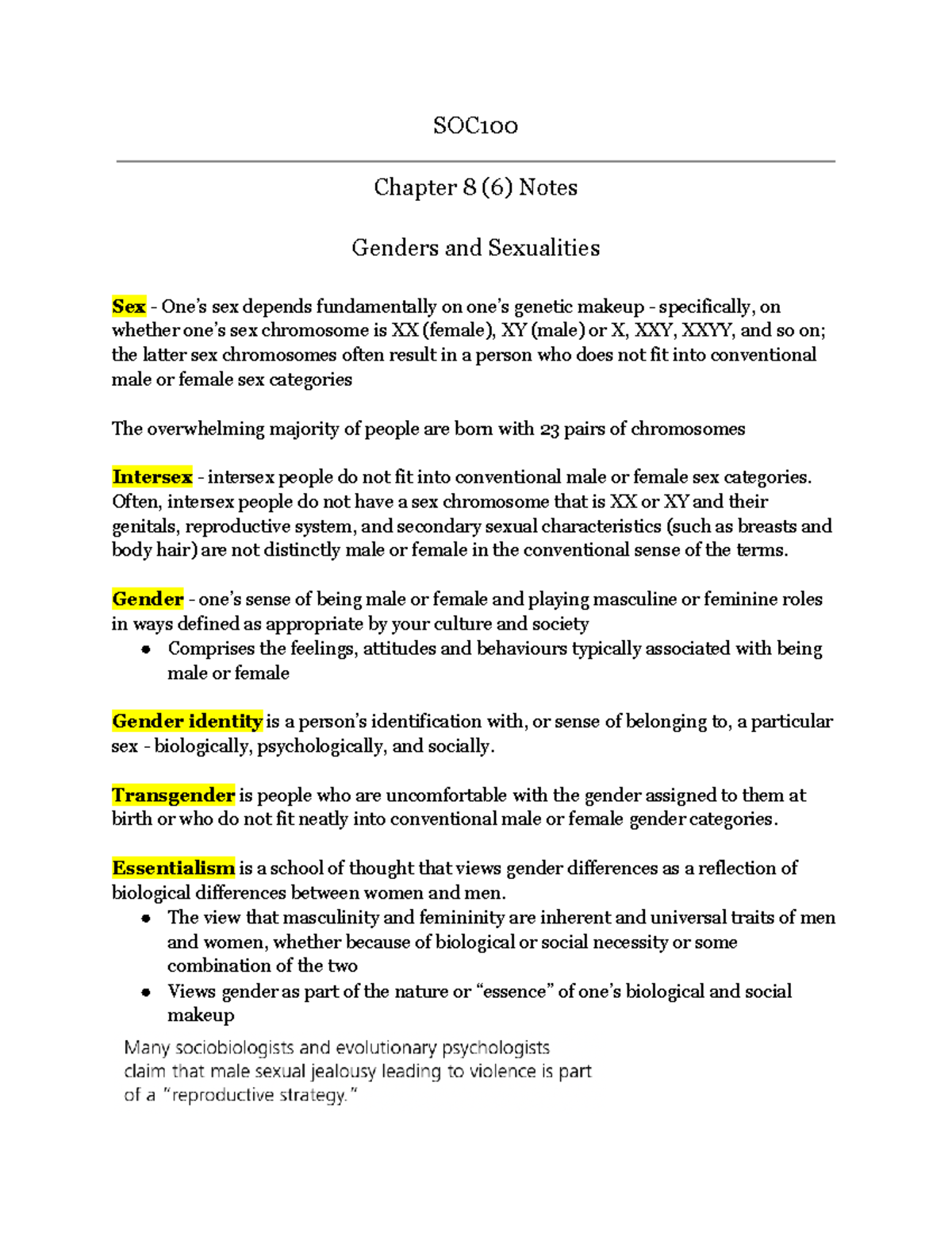 Soc100 Reading Notes Soc Chapter 8 Soc Chapter 8 6 Notes Genders And Sexualities Sex One 8554