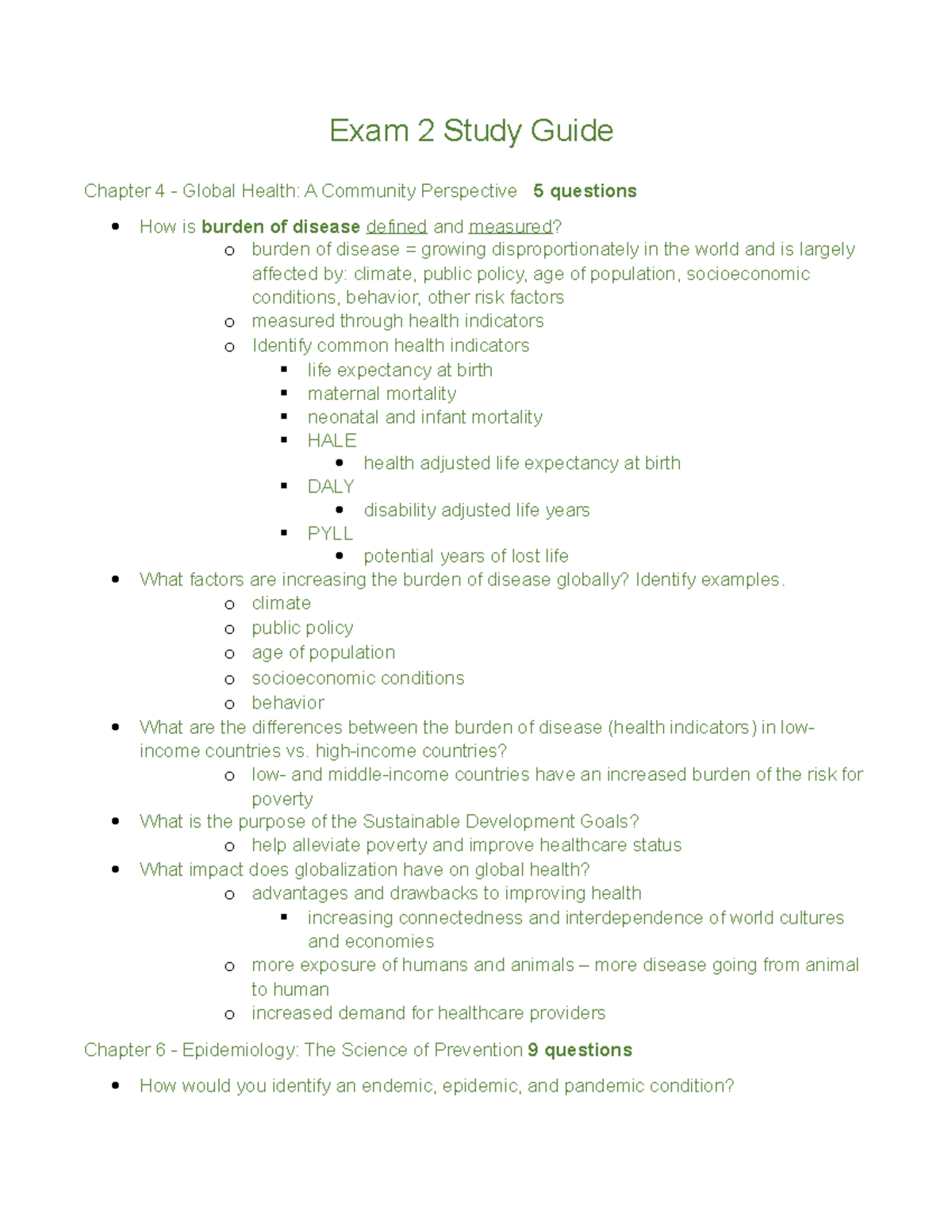 Exam 2 Study Guide - Exam 2 Study Guide Chapter 4 - Global Health: A ...