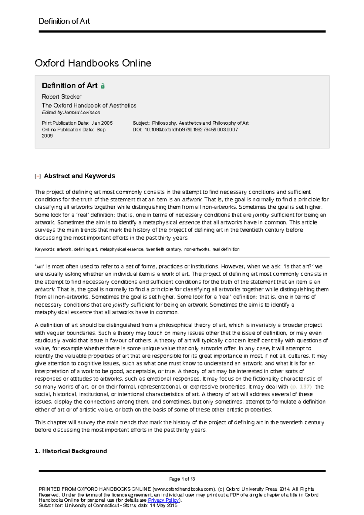 Oxford Definition of Art Page 1 of 13 PRINTED FROM OXFORD HANDBOOKS