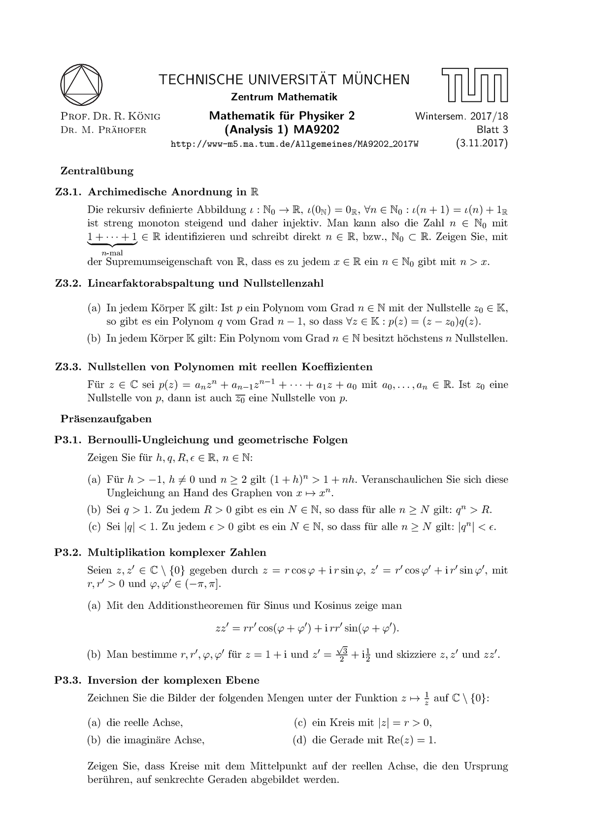 Blatt 03a - TECHNISCHE UNIVERSIT ̈ AT M ̈ UNCHEN Zentrum Mathematik ...