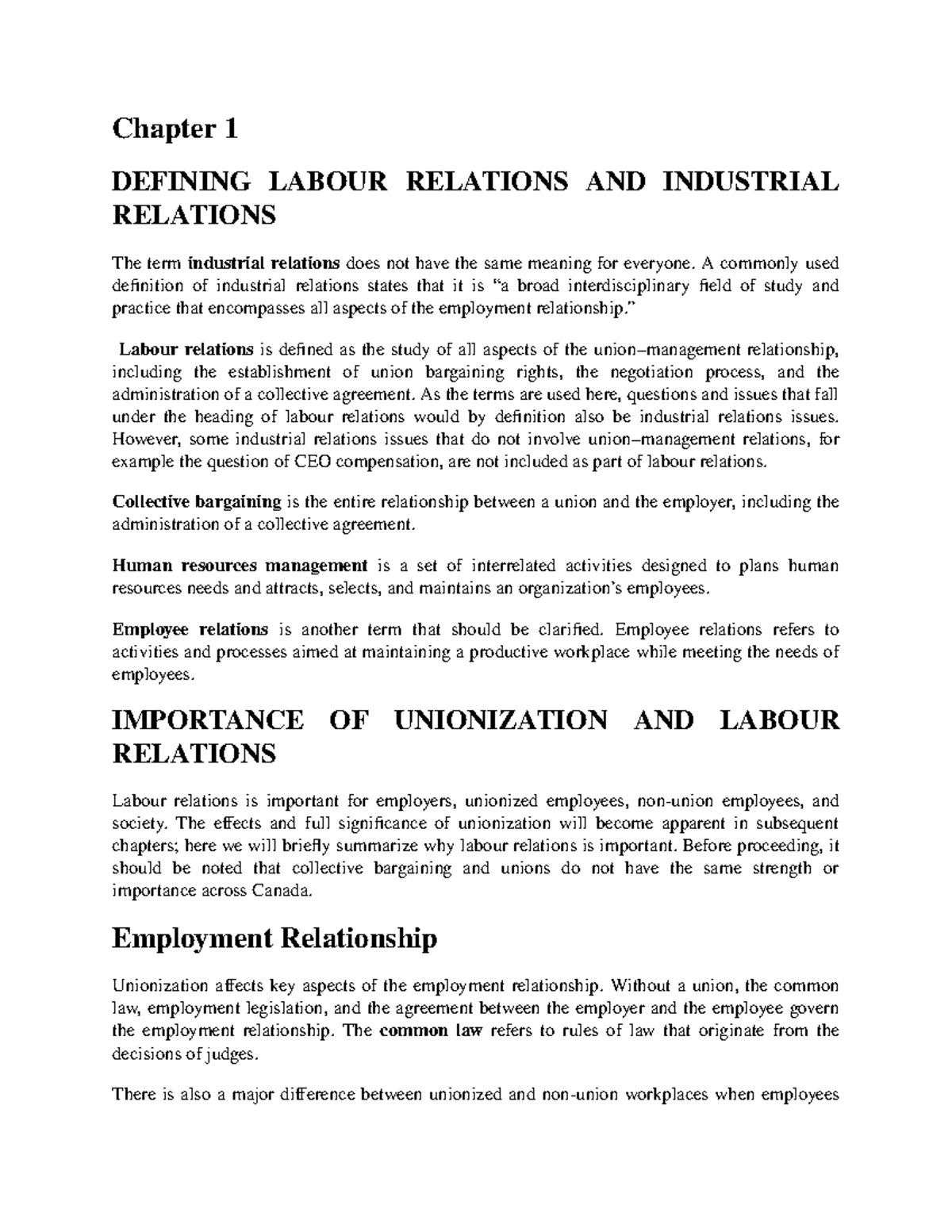 Summary labour Chapter 1 DEFINING LABOUR RELATIONS AND INDUSTRIAL