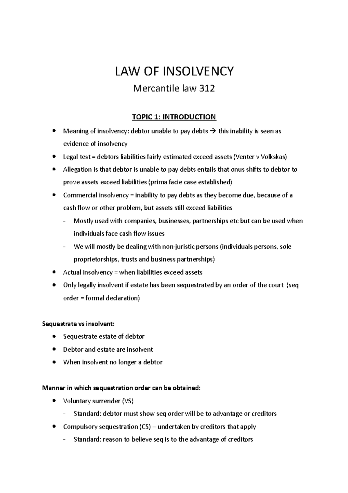 Insolvency 1 Notes Made For The First Test Law Of Insolvency