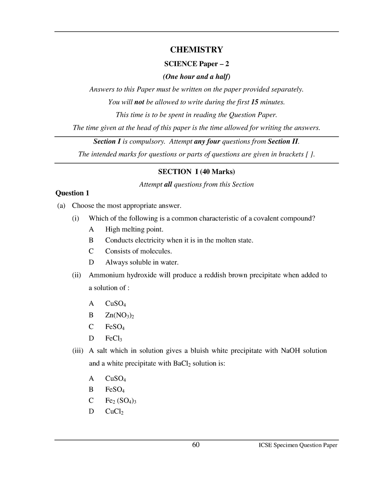 ICSE Chemistry Question Paper - CHEMISTRY SCIENCE Paper – 2 (One Hour ...