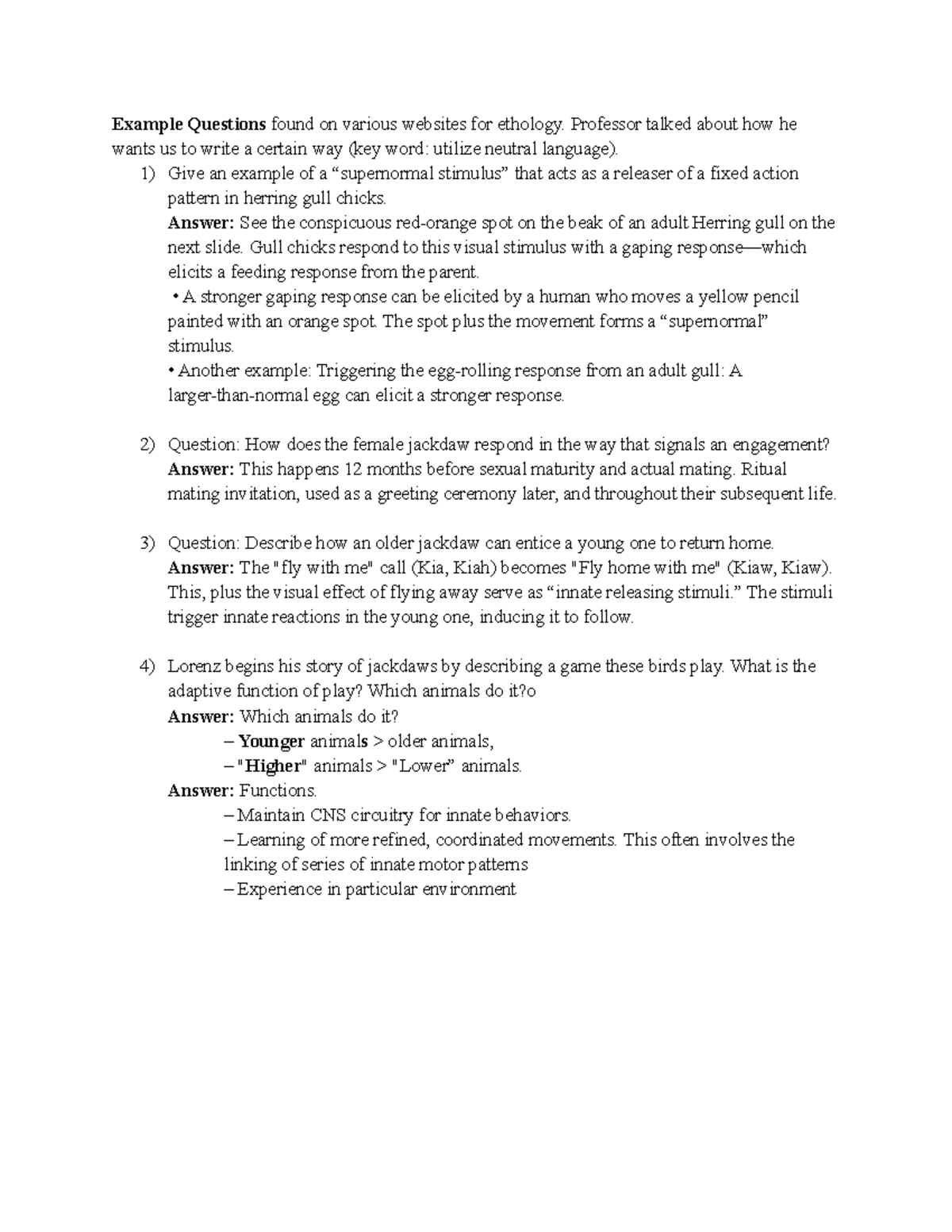 Animal Ethology Midterm Example Questions found on various websites