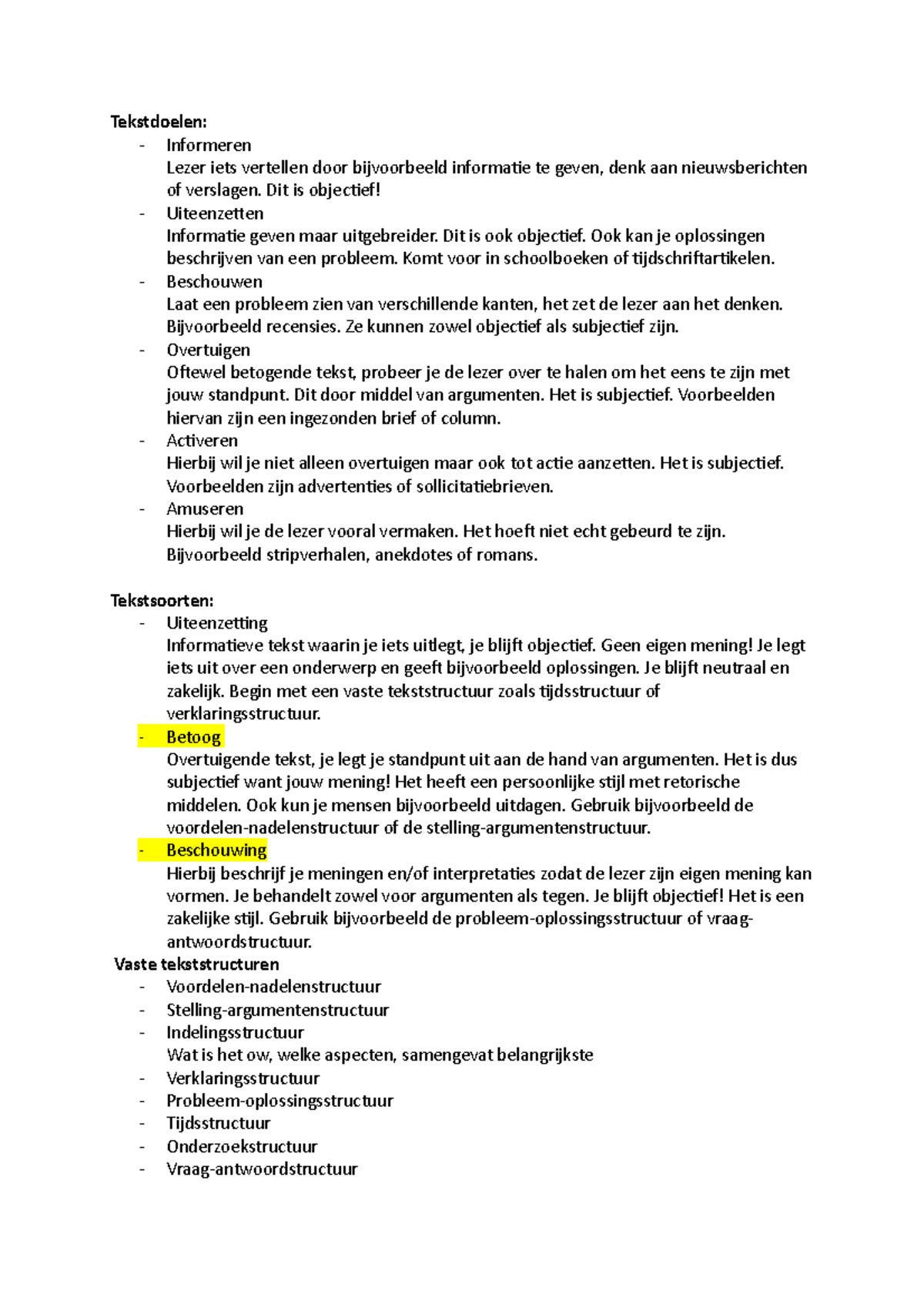 Nederlands samenvatting - Tekstdoelen: - Informeren Lezer iets ...