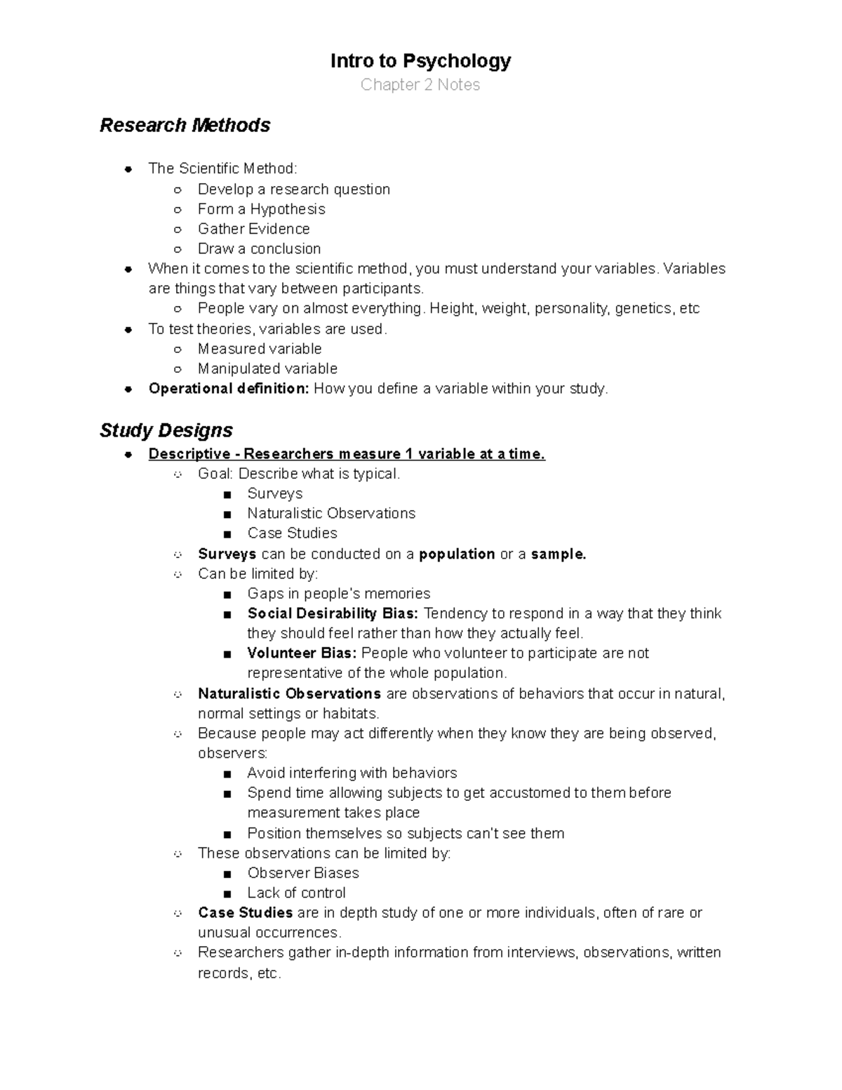 Chapter 2 Notes - Intro To Psychology Chapter 2 Notes Research Methods ...