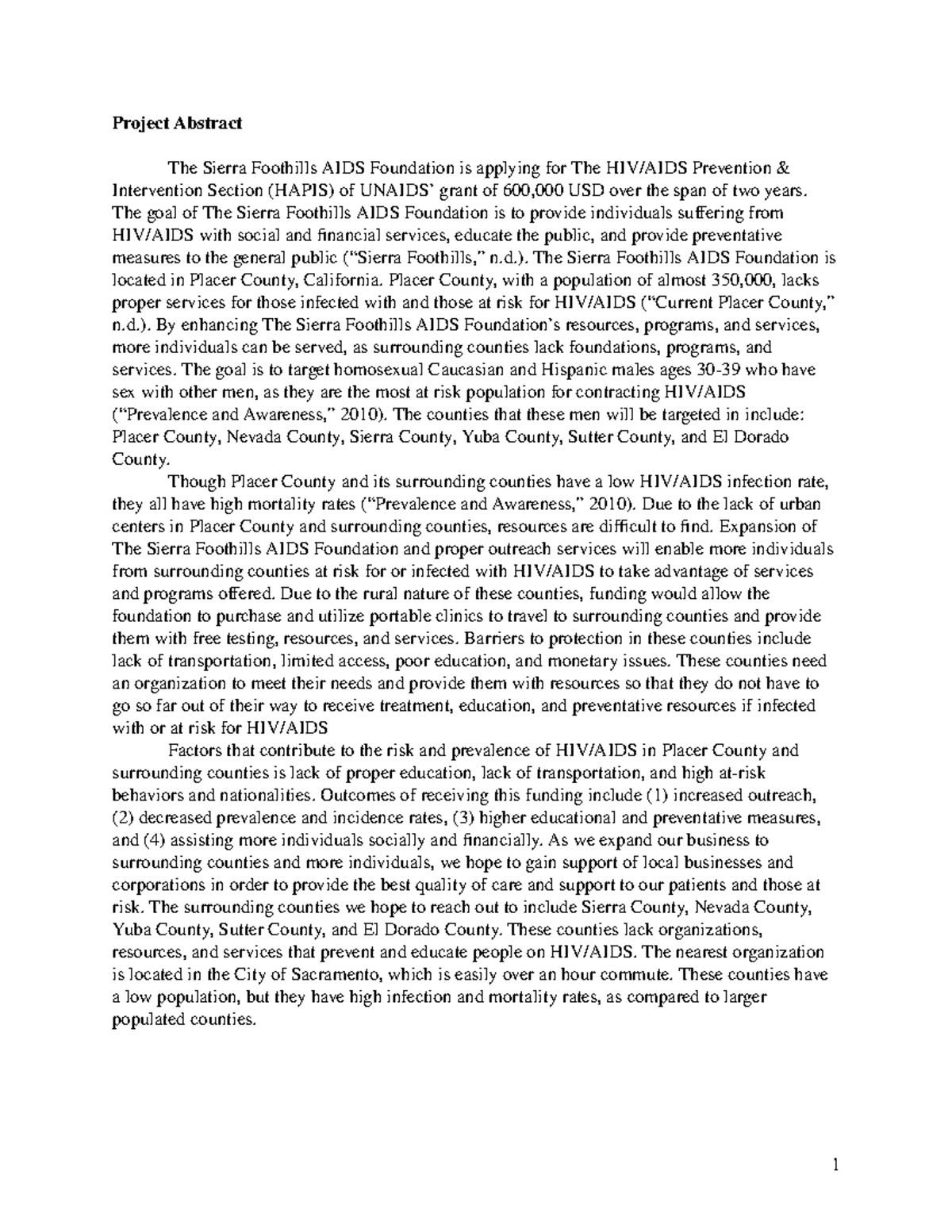 476 Grant Proposal Final - Project Abstract The Sierra Foothills AIDS ...