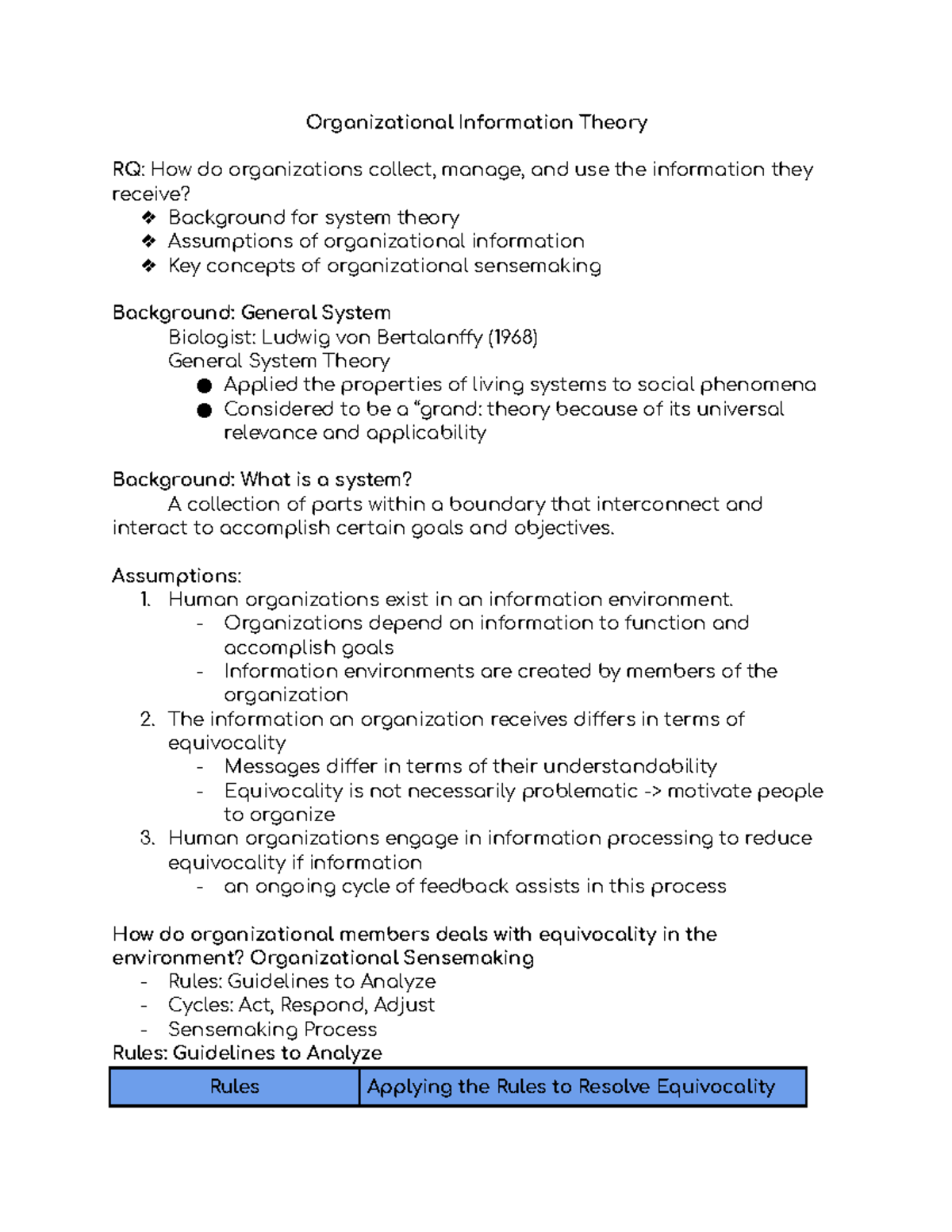 Organizational Information Theory Assumptions 1. Human organizations exist in an information