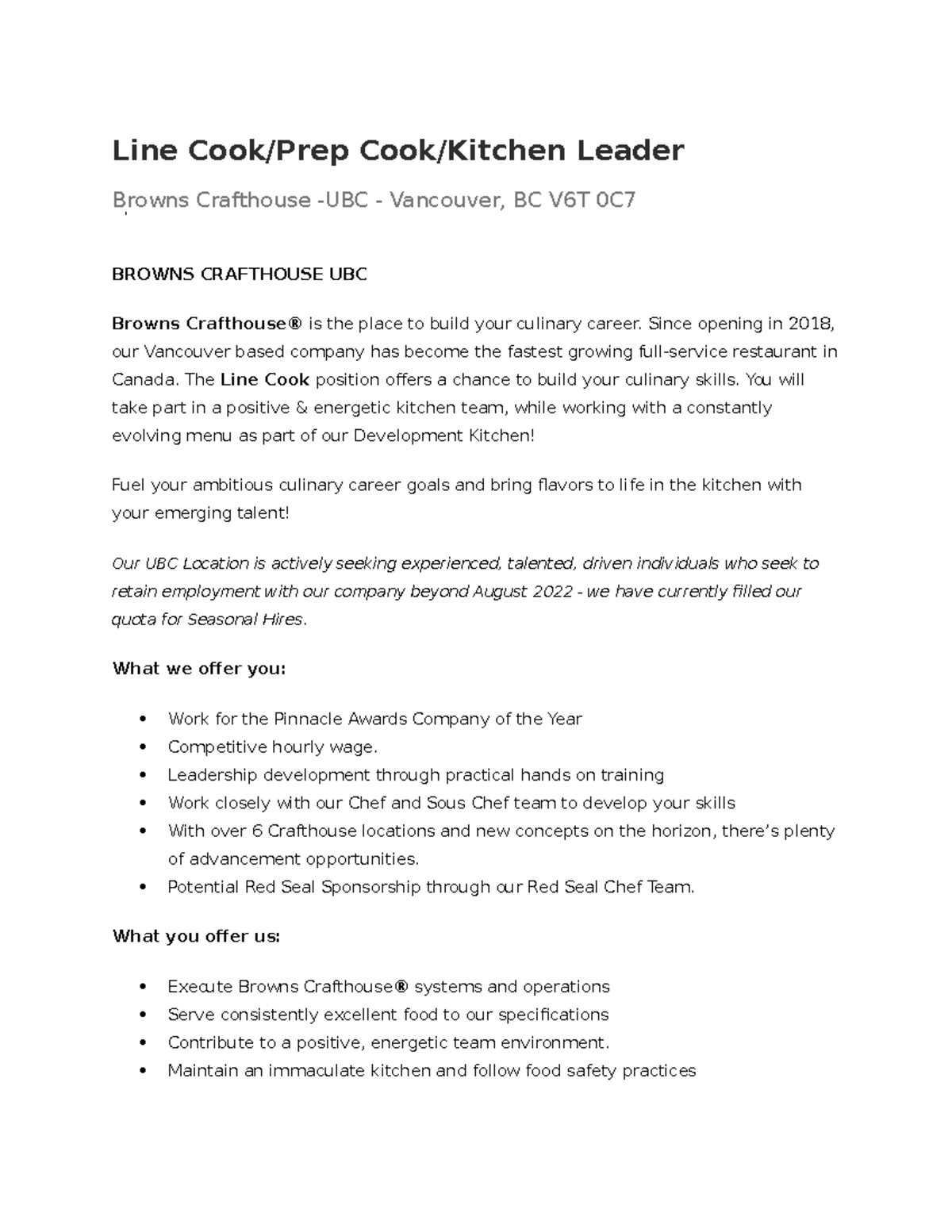 Line CookPrep CookKitchen Leader Line Cook/Prep Cook/Kitchen Leader