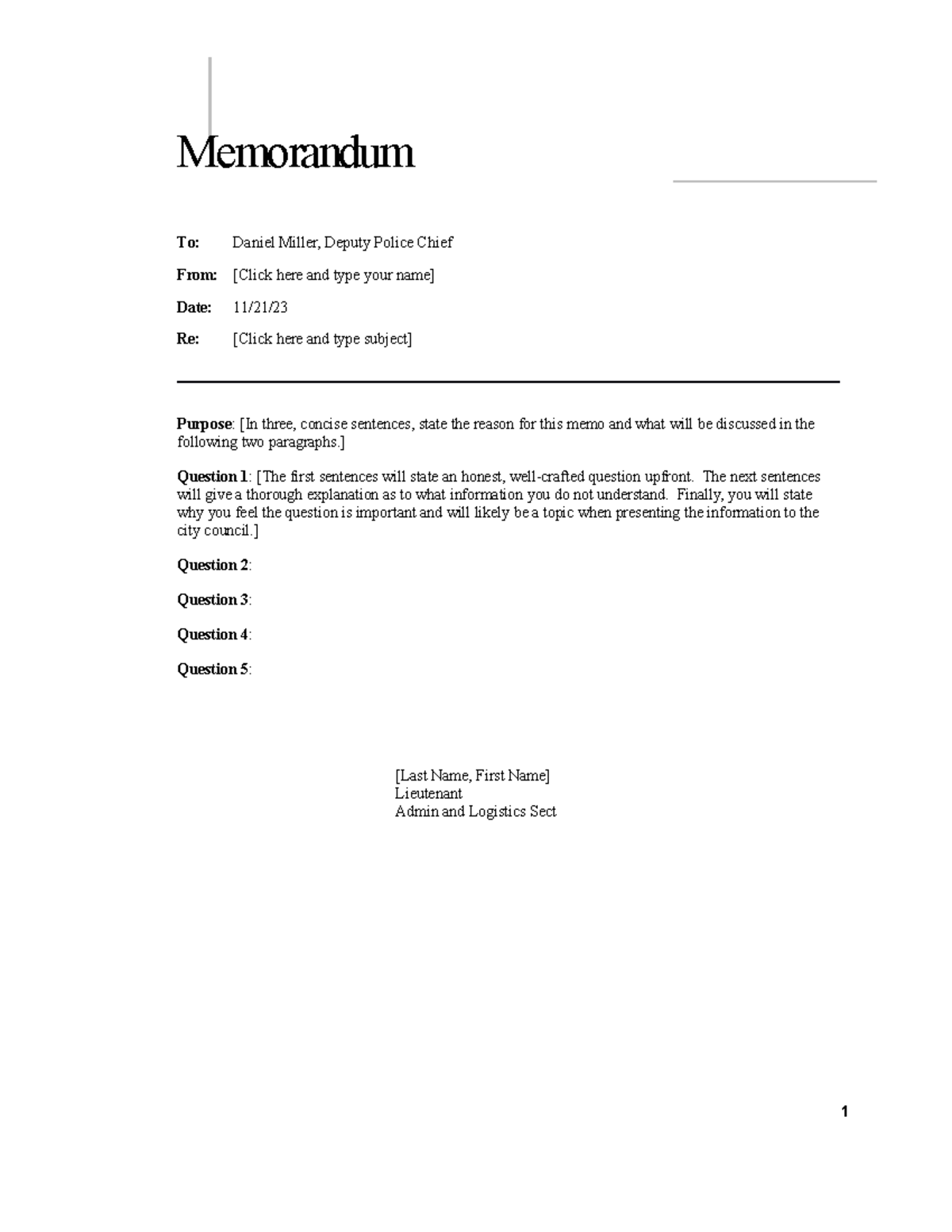 Budget Memo Template - Memorandum To: Daniel Miller, Deputy Police ...