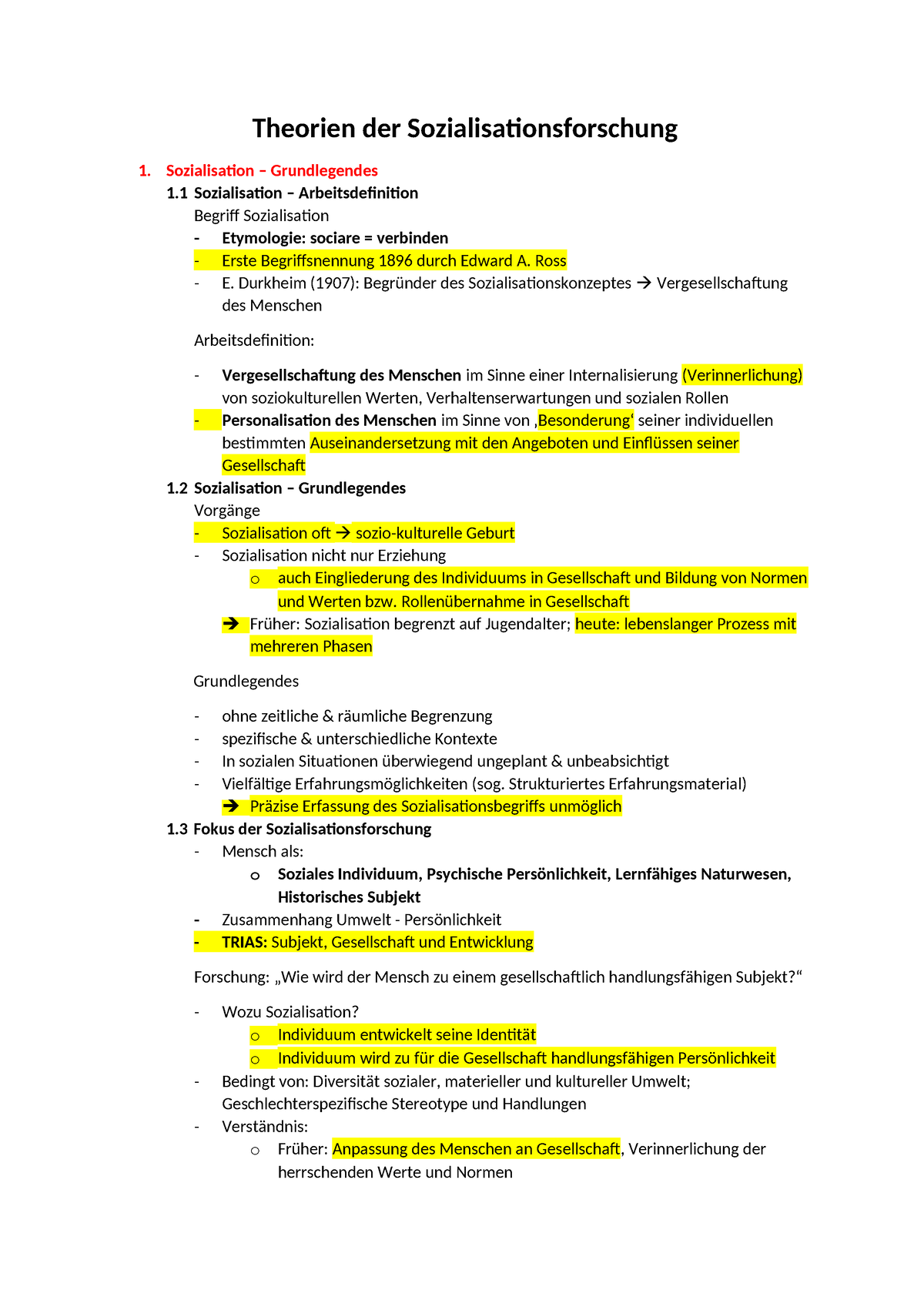 Semesterzusammenfassung - Theorien Der Sozialisationsforschung ...