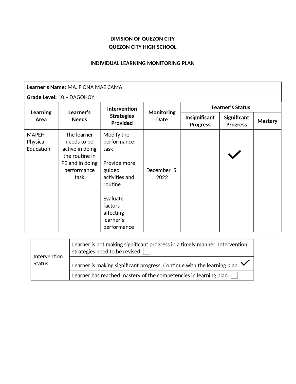 ILMP-2023 - QUEZON CITY HIGH SCHOOL INDIVIDUAL LEARNING MONITORING PLAN ...