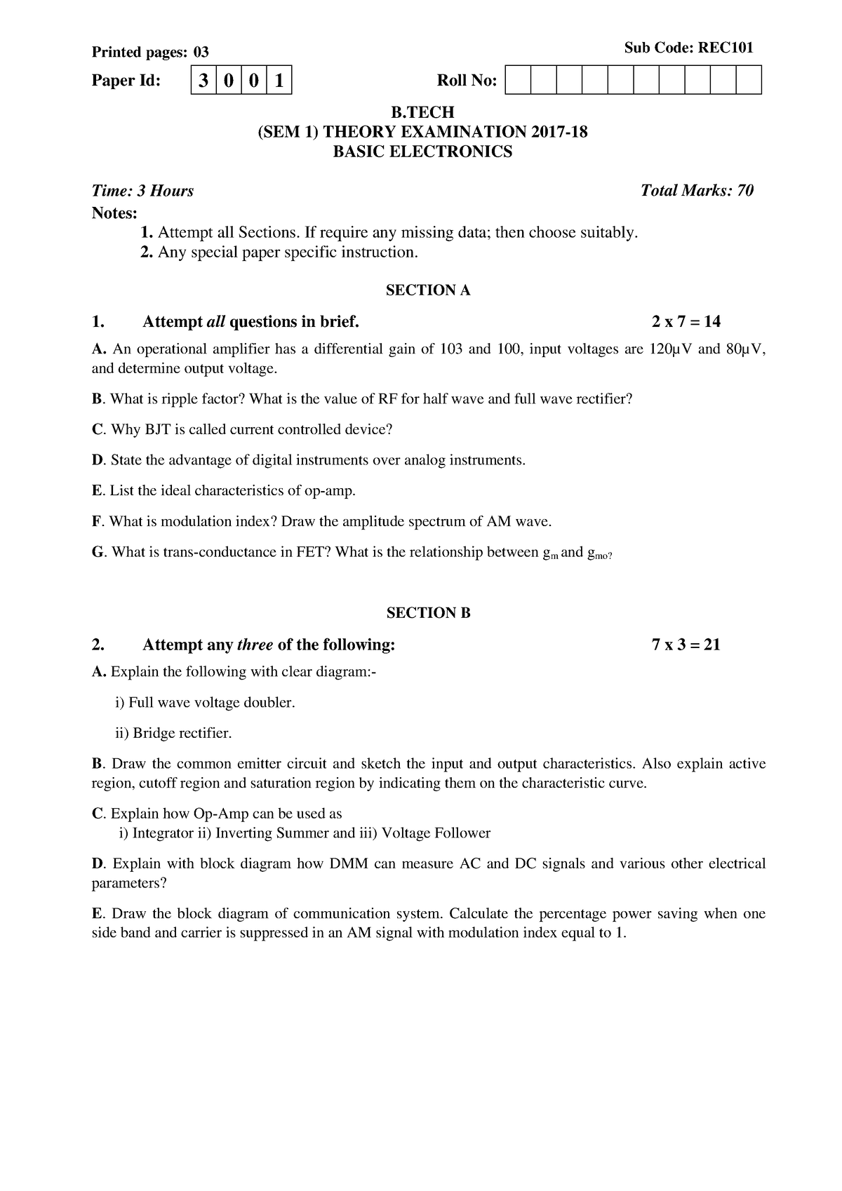 Basic Electronics REC 101 - Printed Pages: 03 Sub Code: REC Paper Id: 3 ...