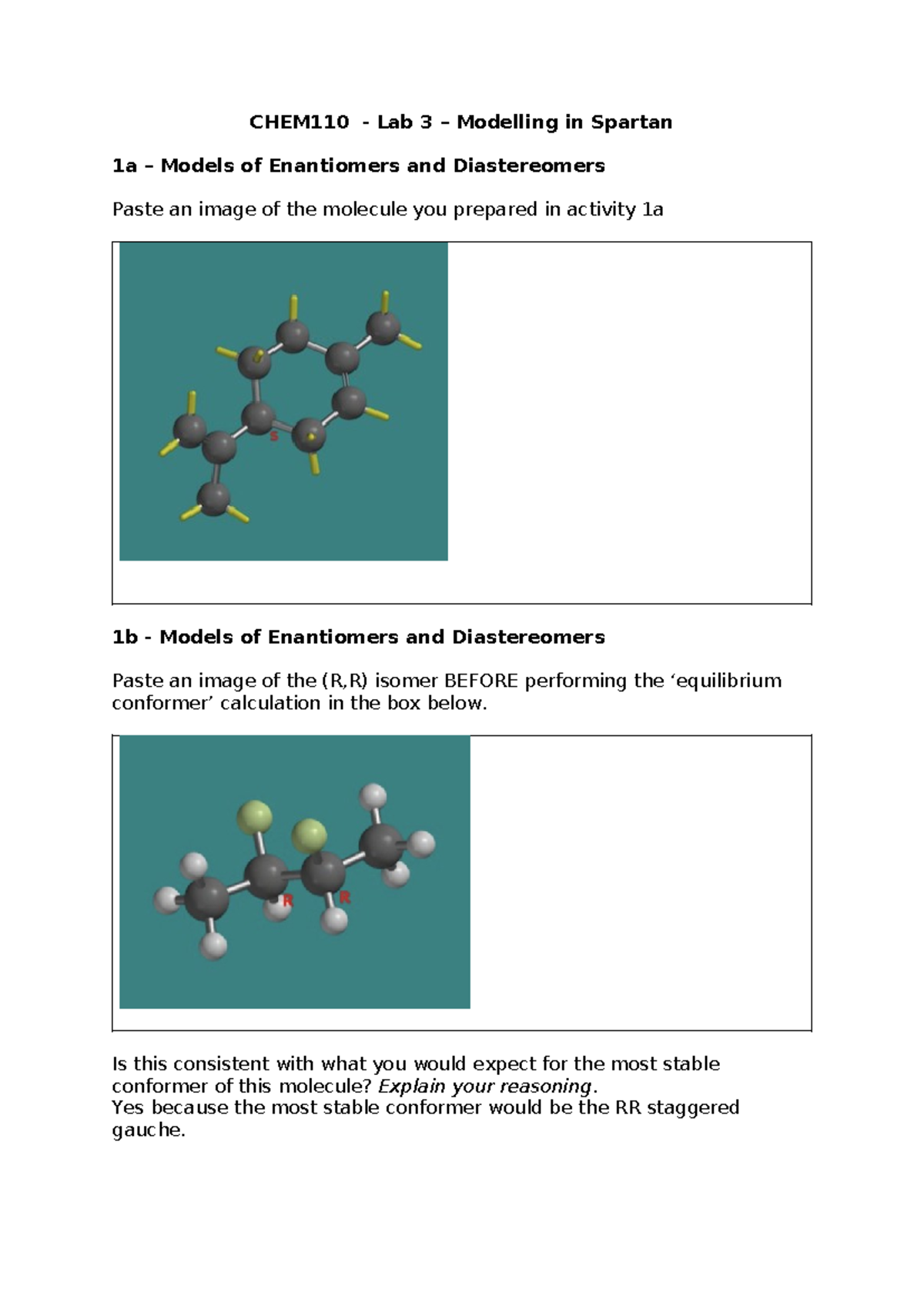 Chem110 Lab 3 Stuff - CHEM110 - Lab 3 – Modelling In Spartan 1a ...