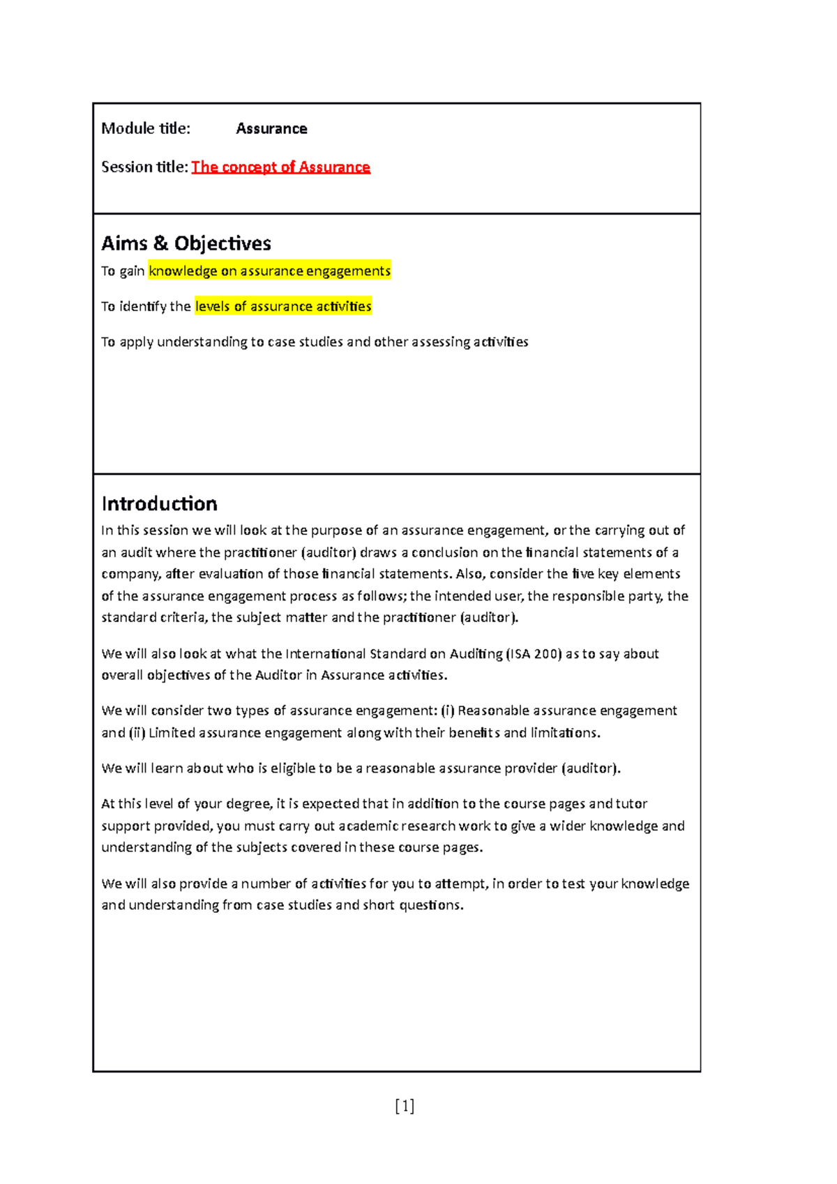Assurance Introduction - Module title: Assurance Session title: The ...