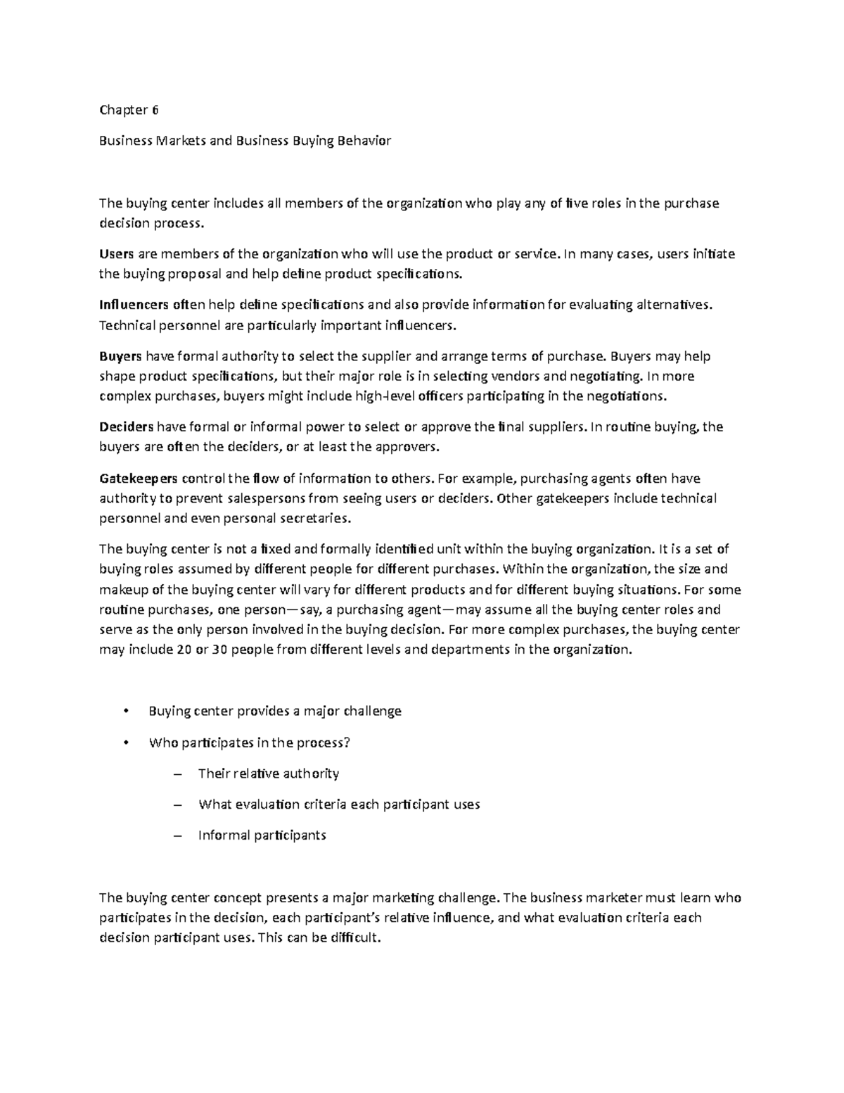 Chapter 6d - Lecture notes 6 - Chapter 6 Business Markets and Business ...